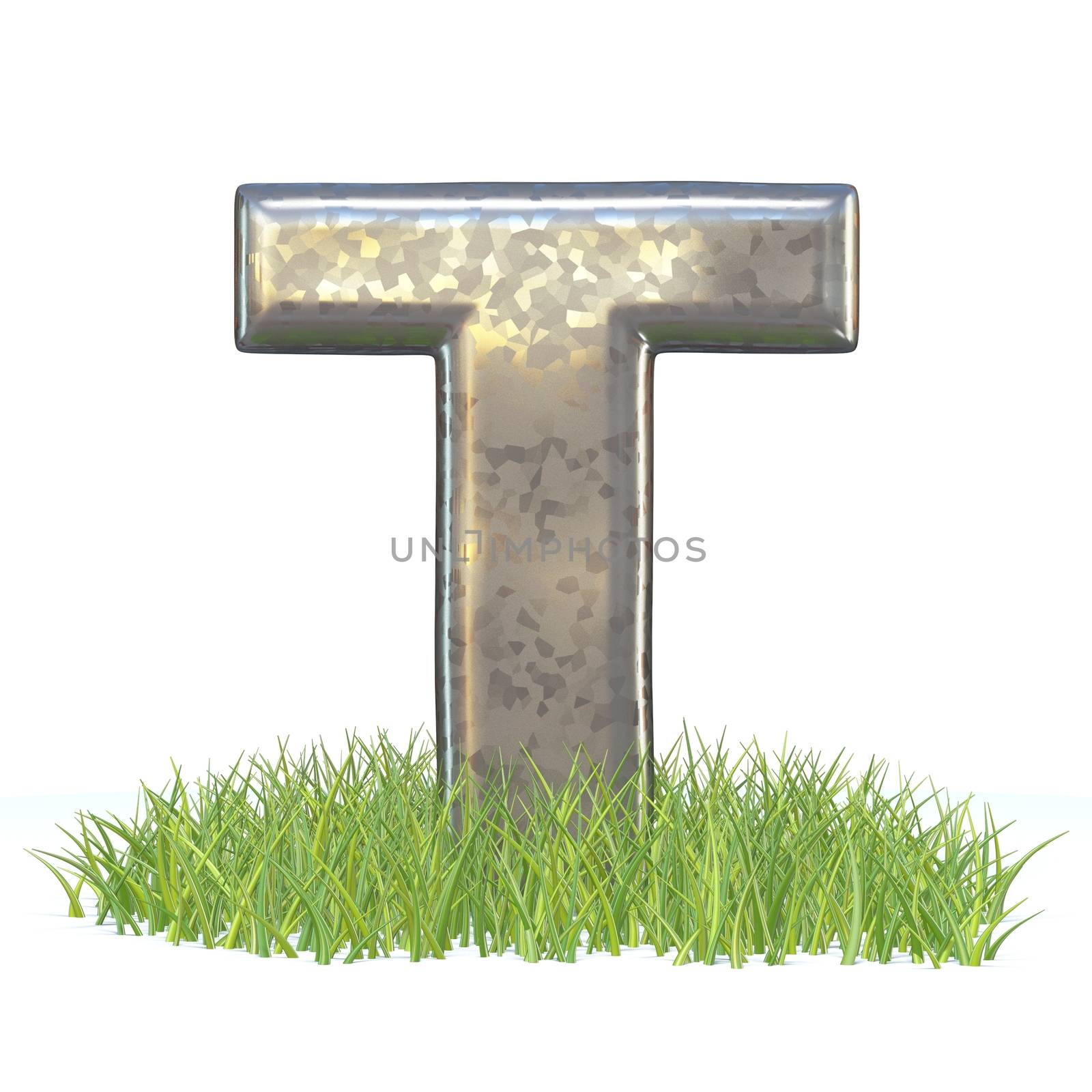 Galvanized metal font Letter T in grass 3D render illustration isolated on white background