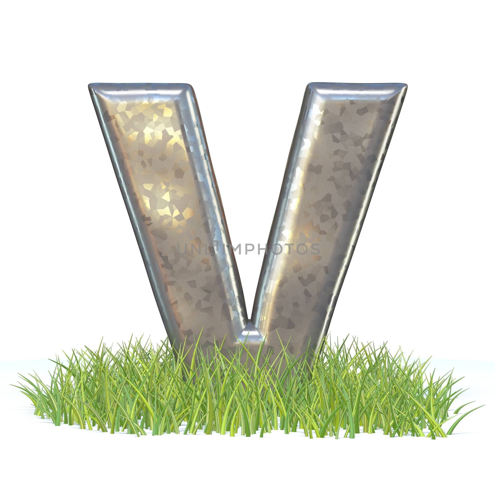 Galvanized metal font Letter V in grass 3D render illustration isolated on white background