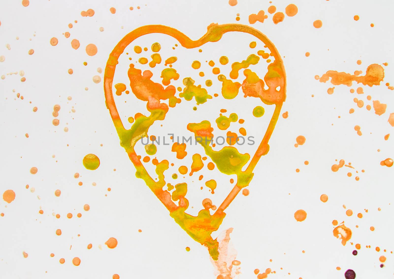 Heart with splashes of gold and orange watercolor on white background, cute, pattern, hand painted by claire_lucia