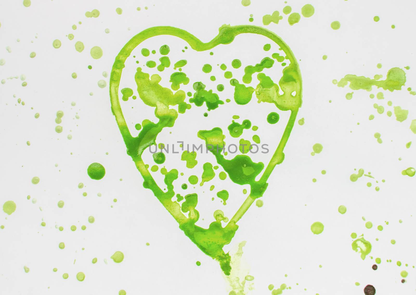 Heart with spray green watercolor on white background, cute, pattern, hand painted.