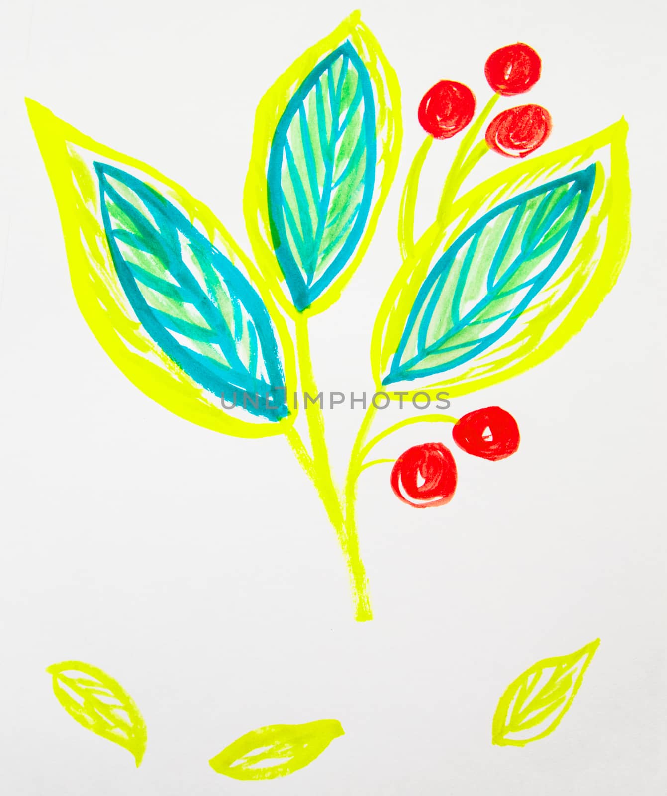 Cute hand-Drawn watercolor flower stem with leaves and berries. Yellow and green spring flowers, Botanical garden plants.