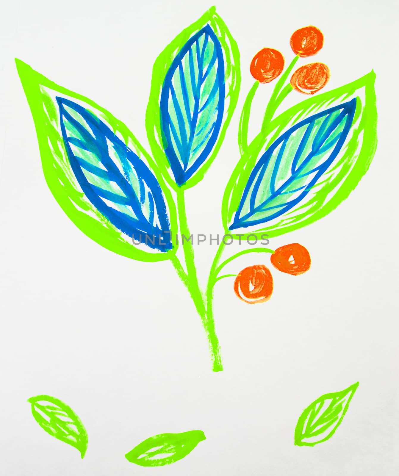 Cute hand-Drawn watercolor flower stem with leaves and berries. Blue and green spring flowers, Botanical garden plants.