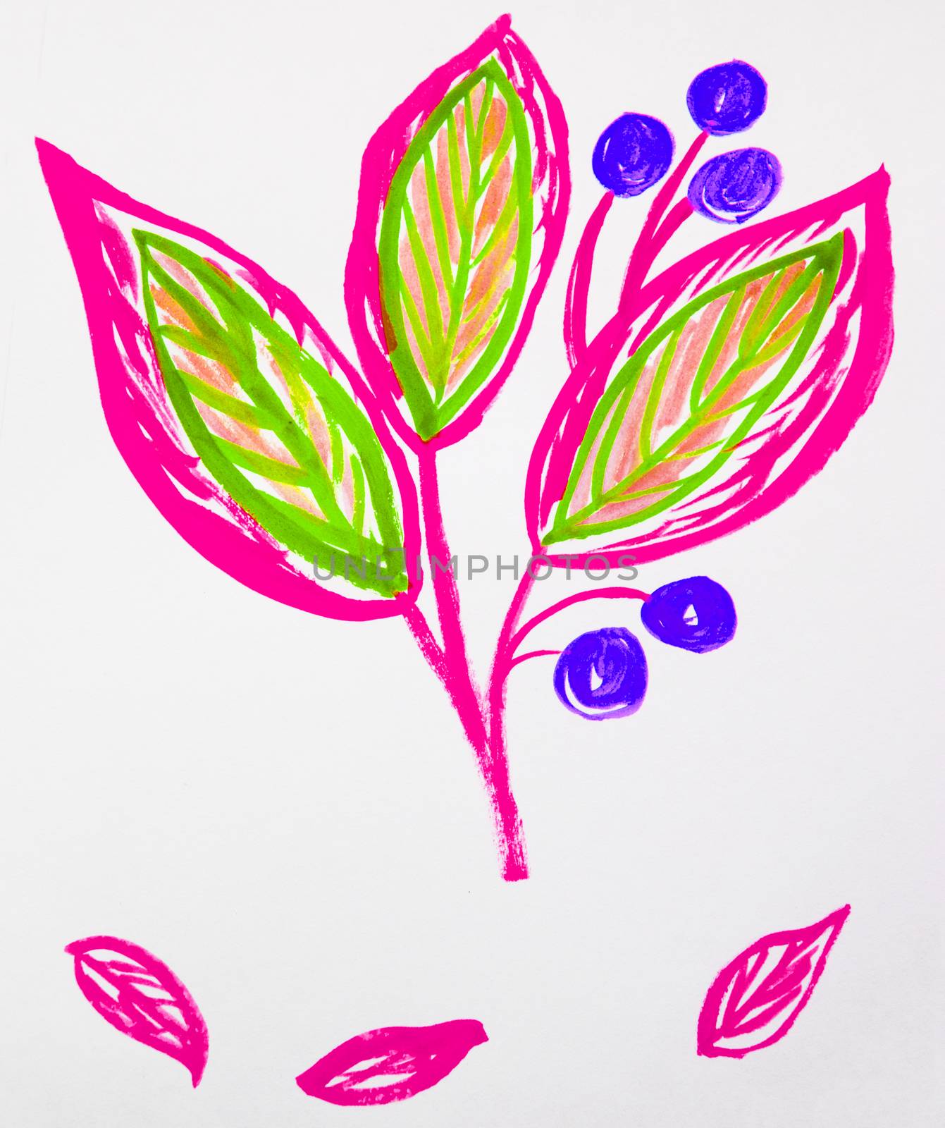 Cute hand-Drawn watercolor flower stem with leaves and berries. Pink and green, spring flowers, Botanical garden plants.