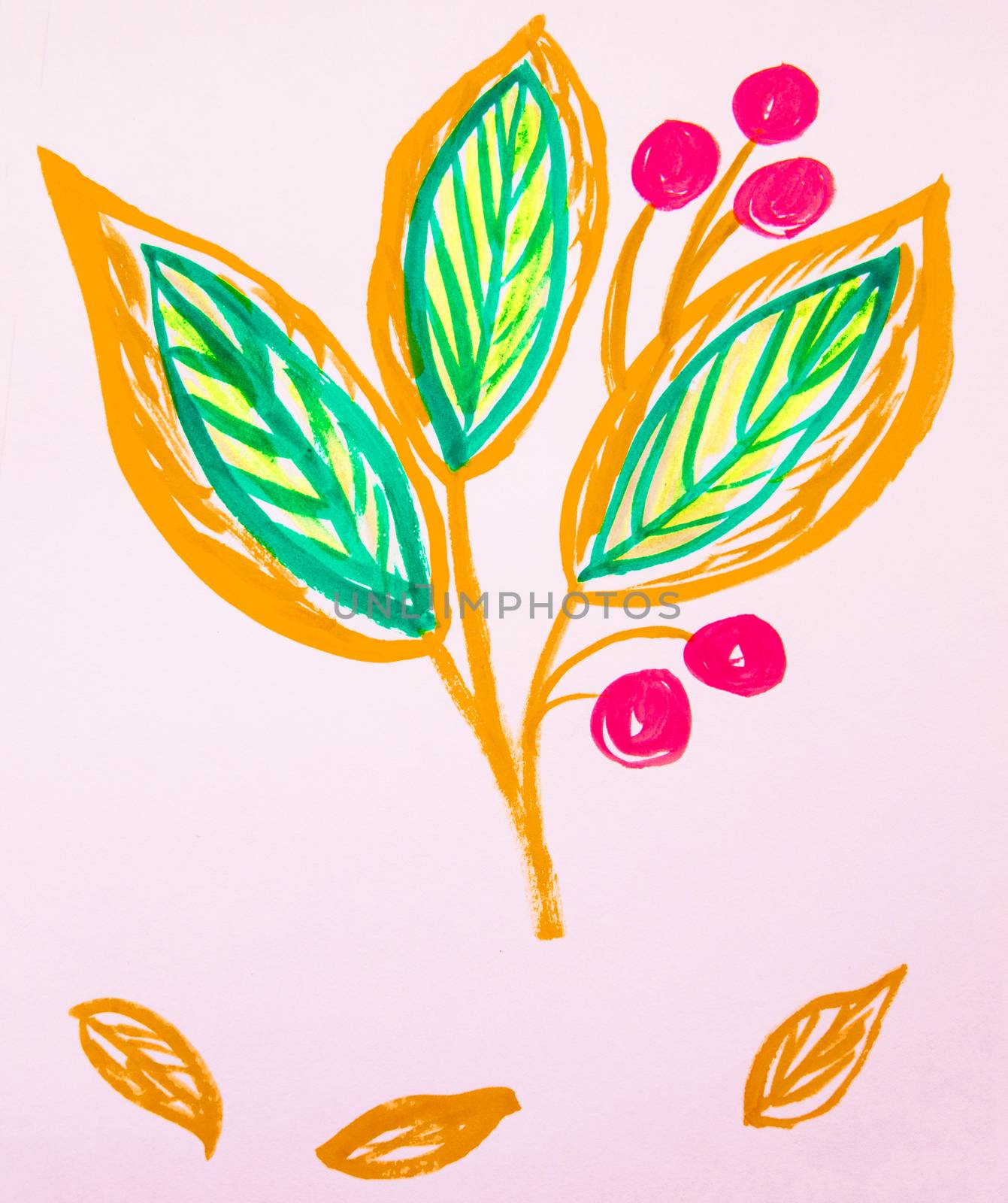 Cute hand-Drawn watercolor flower stem with leaves and berries. Orange and green, spring flowers, Botanical garden plants.