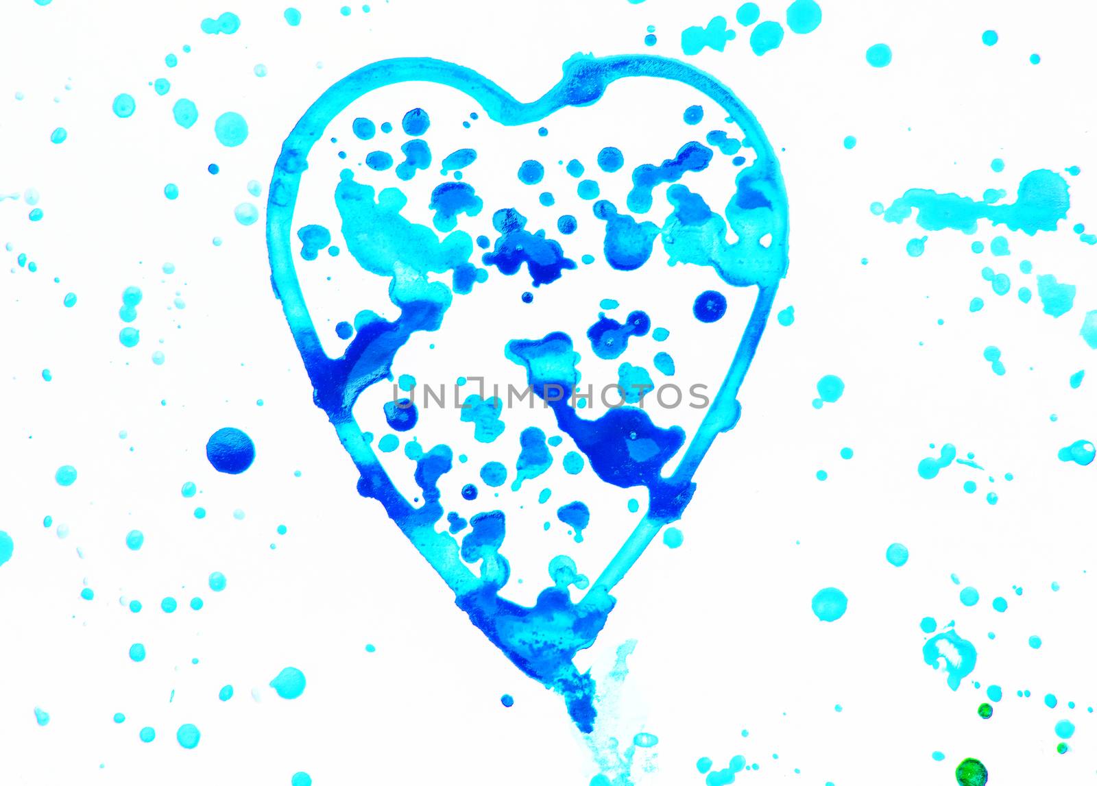 Heart with splashes of bright blue, blue and purple watercolor on white background, cute, pattern, hand painted.