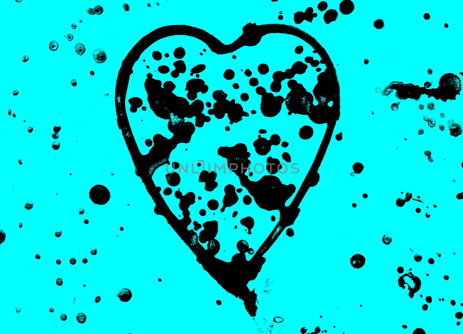Heart with spray black watercolor color on blue background, cute, pattern, hand painted.