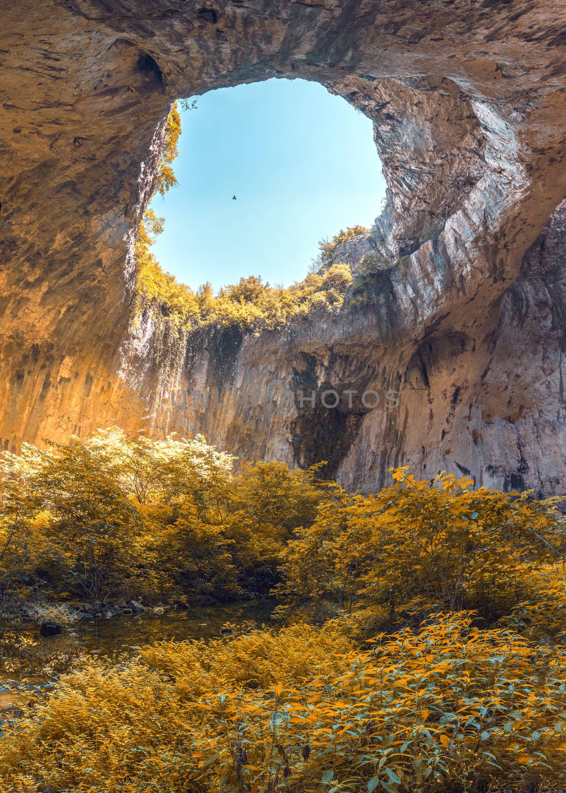 Panoramic view inside the Devetashka Cave near Devetaki village and Osam river in Bulgaria