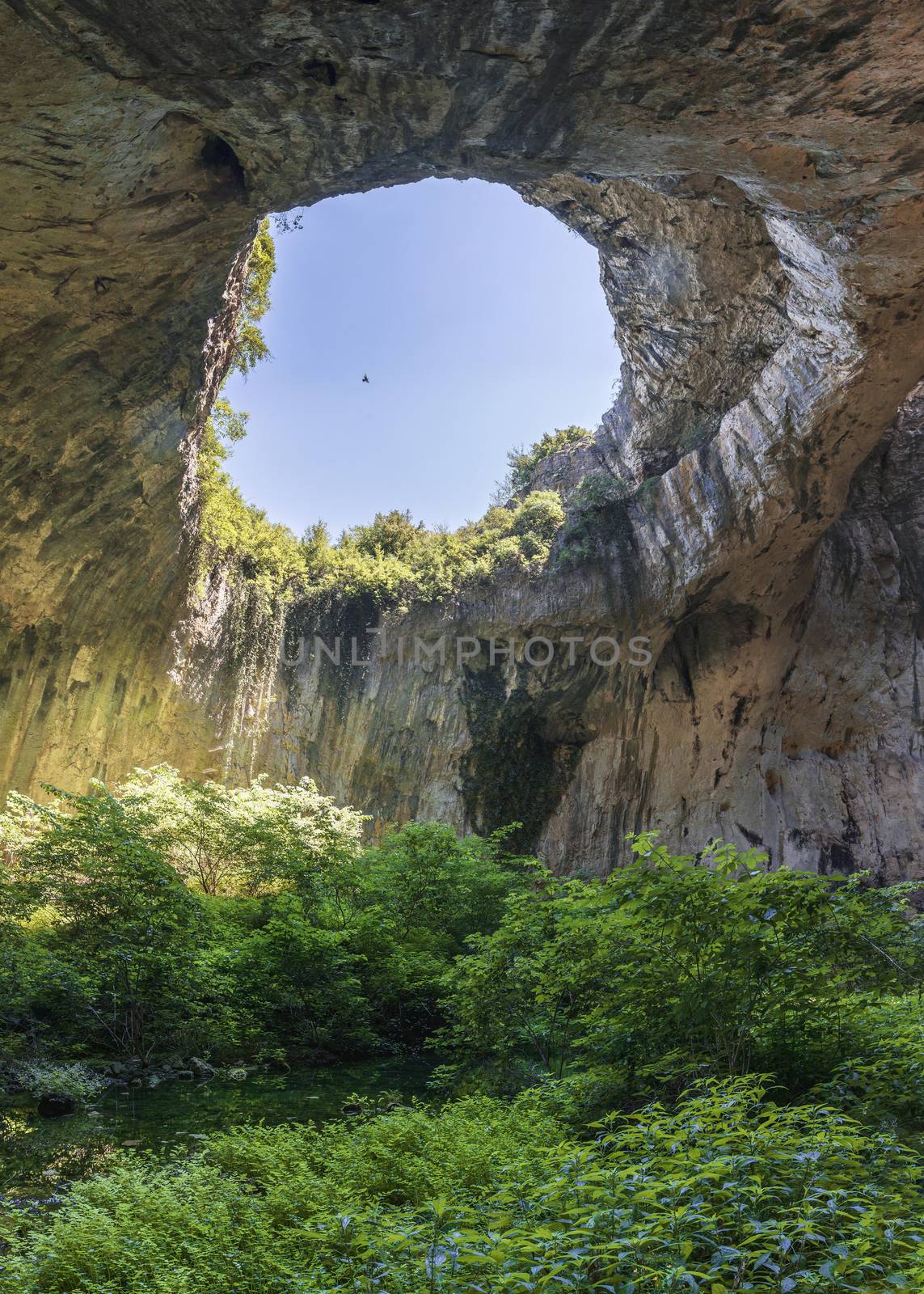 Panoramic view inside the Devetashka Cave near Devetaki village and Osam river in Bulgaria