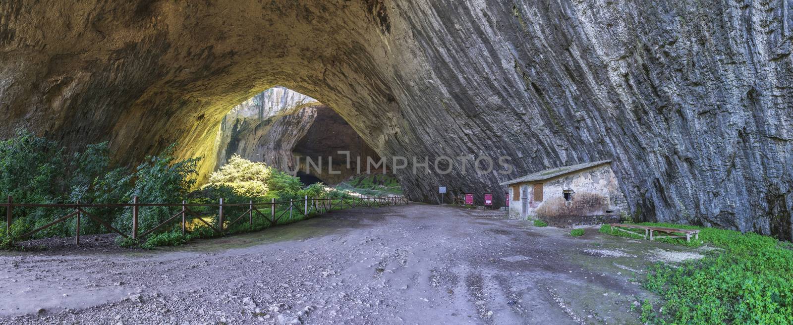 Panoramic view inside the Devetashka Cave near Devetaki village and Osam river in Bulgaria