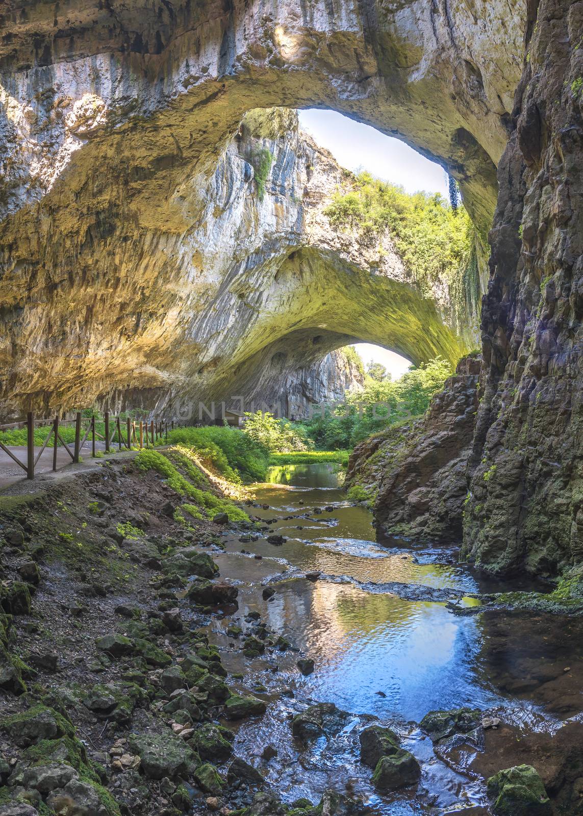 Panoramic view inside the Devetashka Cave near Devetaki village and Osam river in Bulgaria