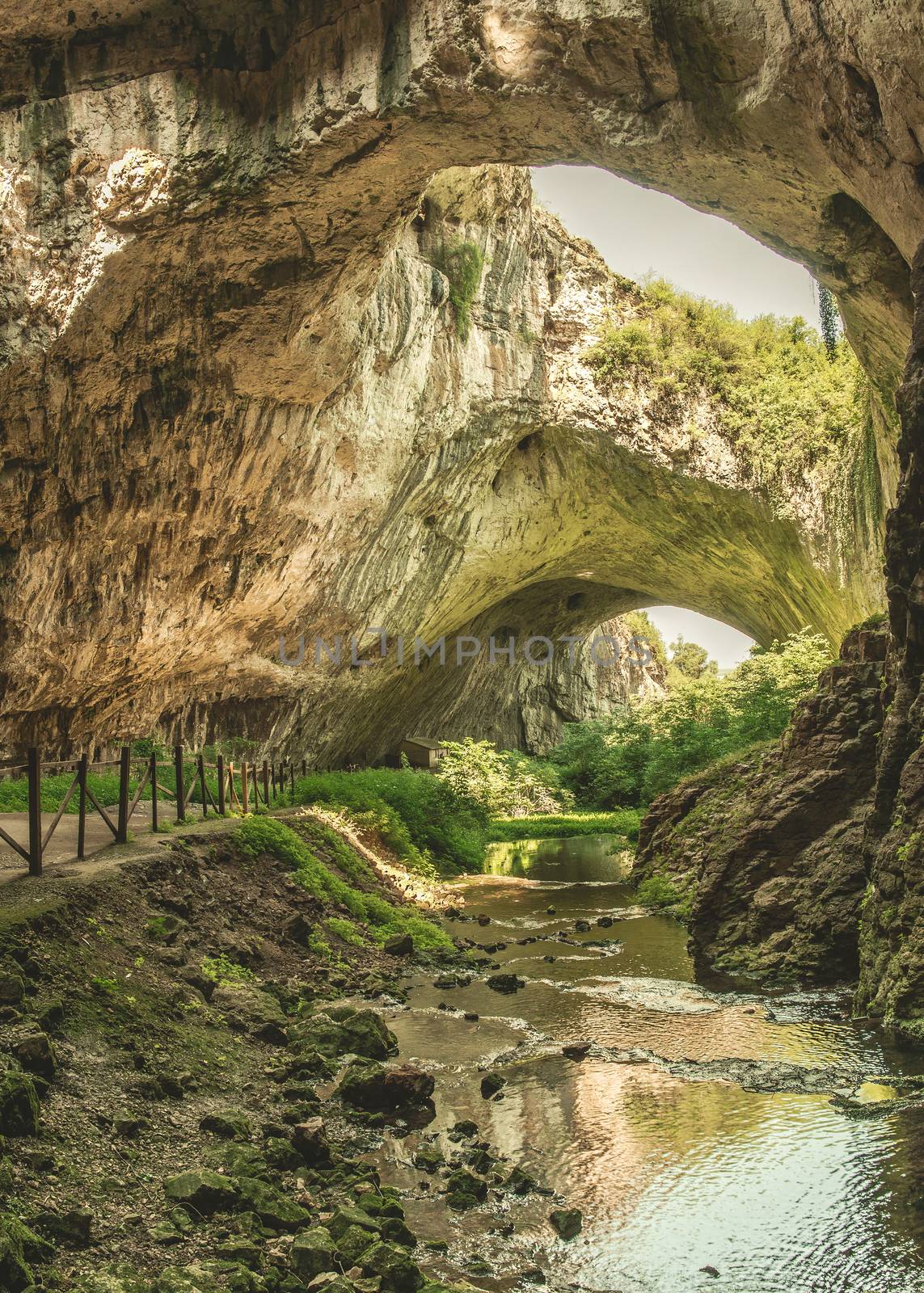 Panoramic view inside the Devetashka Cave near Devetaki village and Osam river in Bulgaria