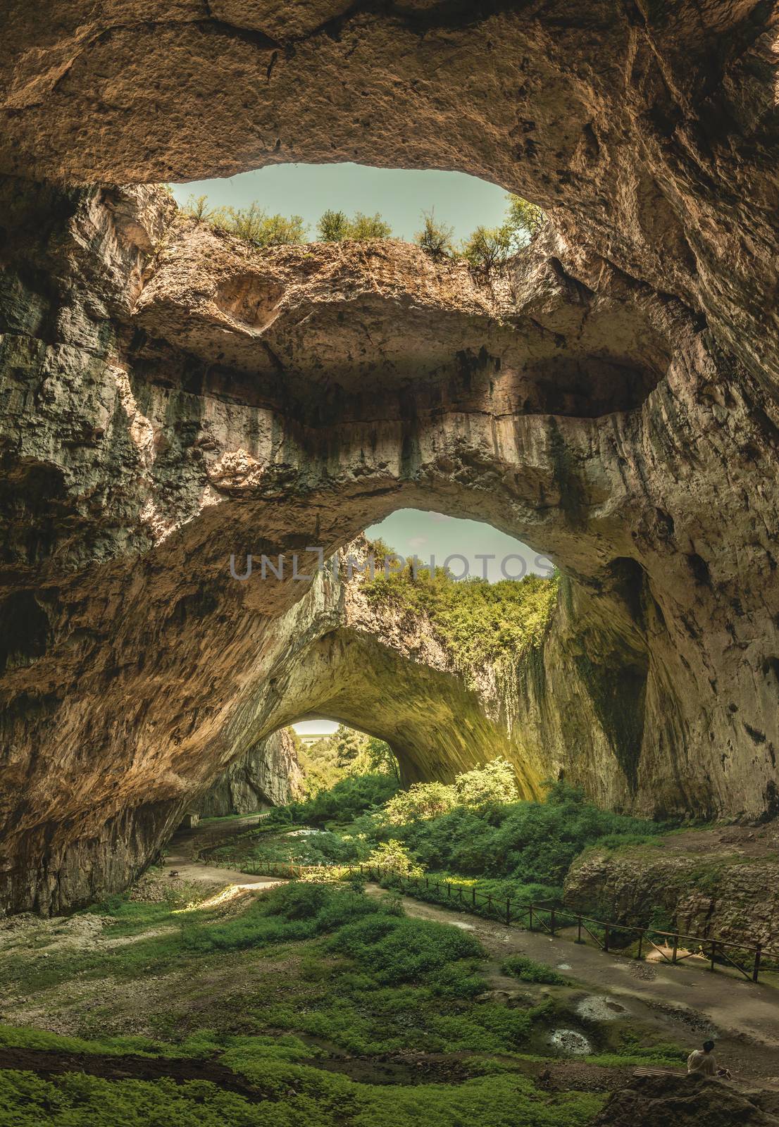 Panoramic view inside the Devetashka Cave near Devetaki village and Osam river in Bulgaria