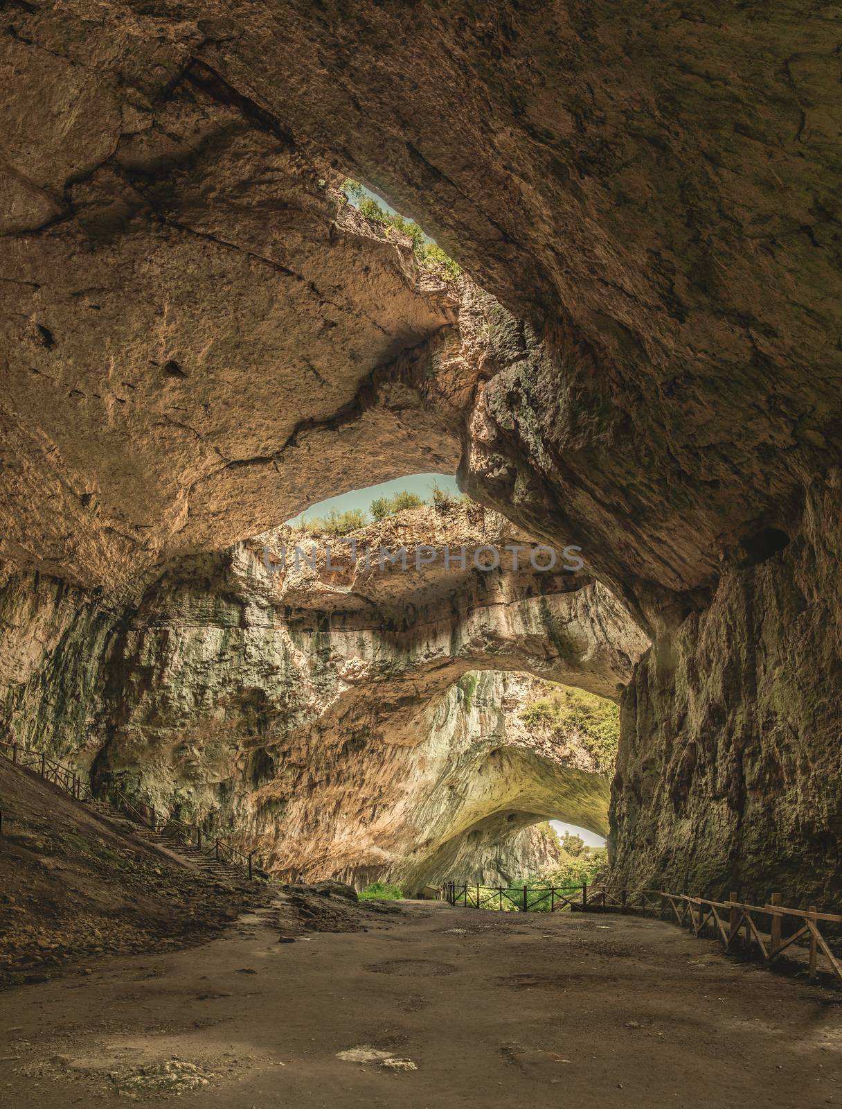 Panoramic view inside the Devetashka Cave near Devetaki village and Osam river in Bulgaria