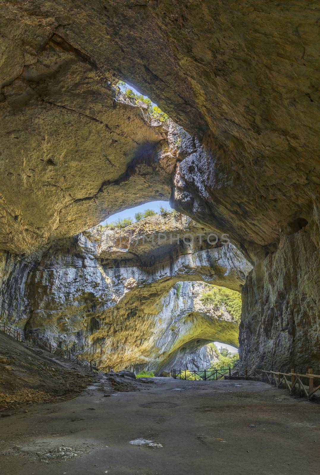 Panoramic view inside the Devetashka Cave near Devetaki village and Osam river in Bulgaria