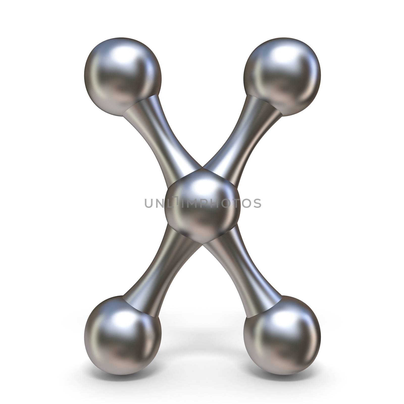Steel molecular font Letter X 3D render illustration isolated on white background