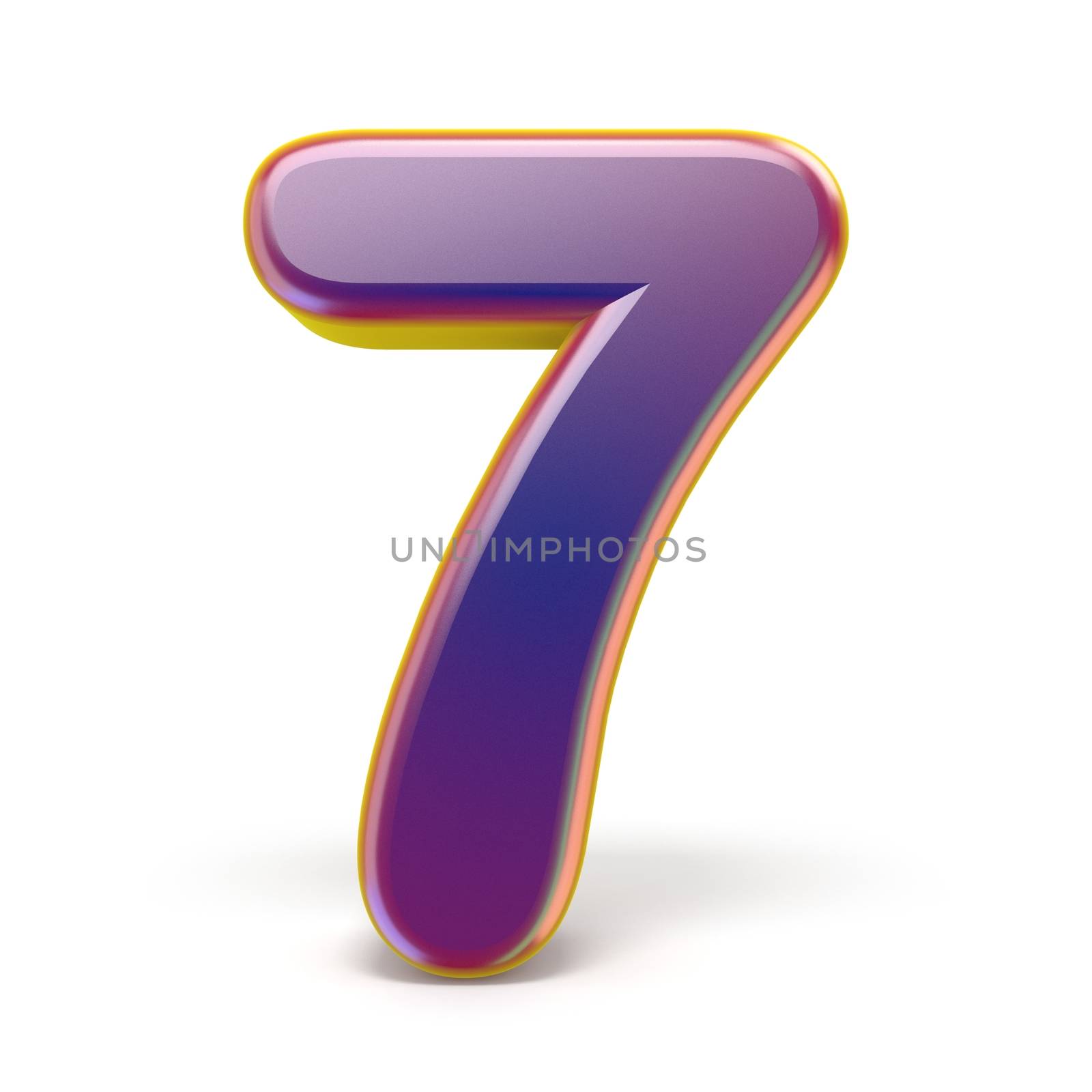 Number SEVEN 7 purple font yellow outlined 3D rendering illustration isolated on white background