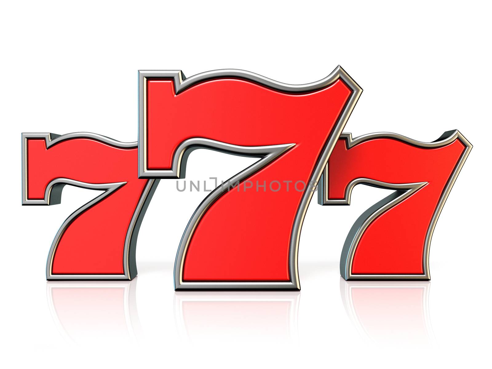 Red 777 lucky jackpot symbol 3D render illustration isolated on white background