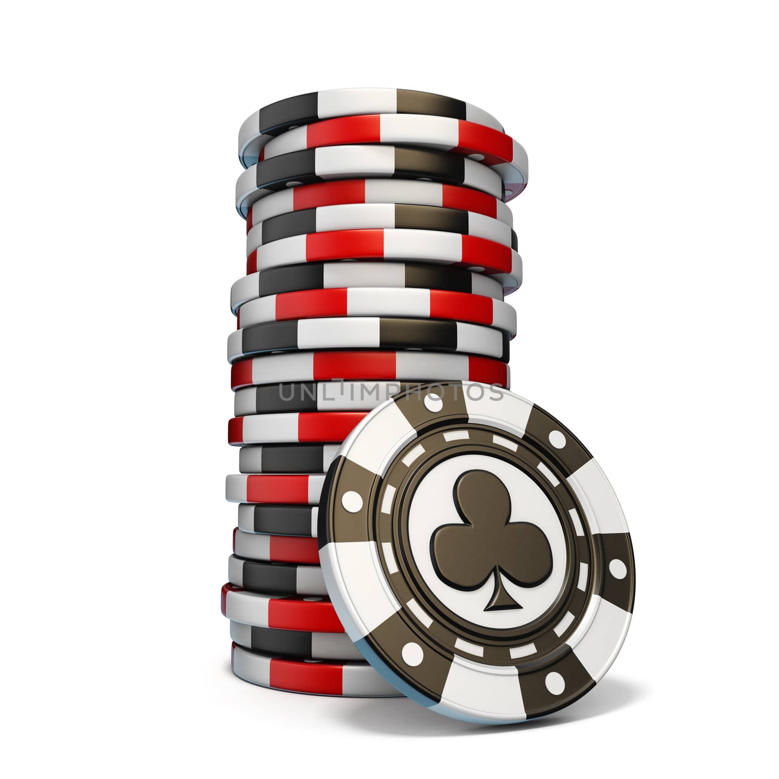 Stack of gambling chips and one Black club chip 3D render illustration isolated on white background