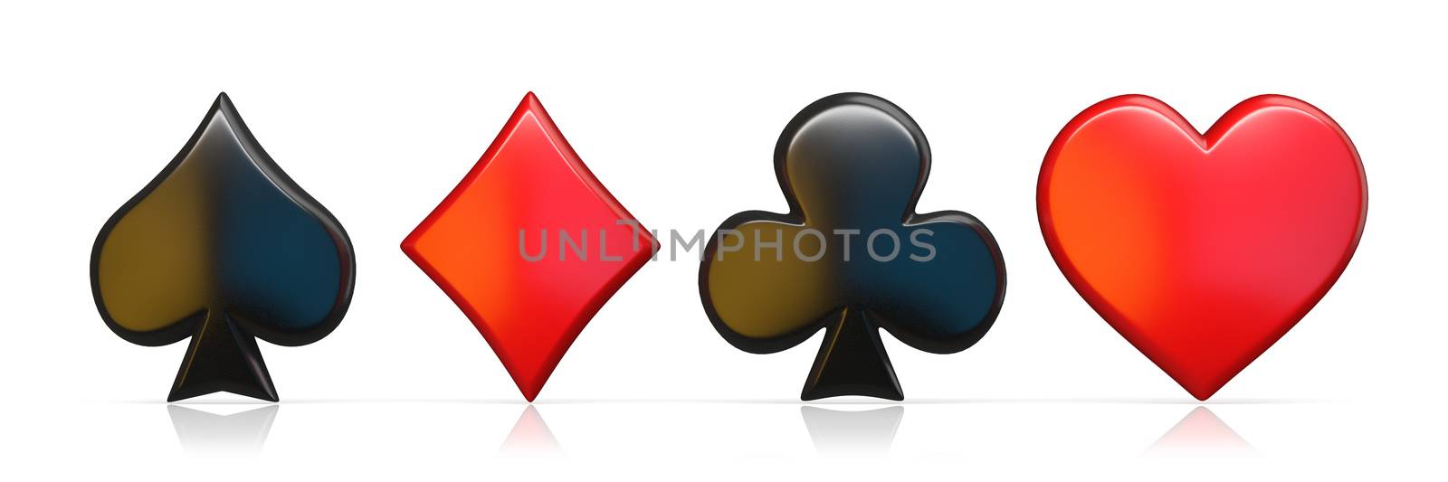 Spade, heart, diamond and club sign 3D render illustration isolated on white background