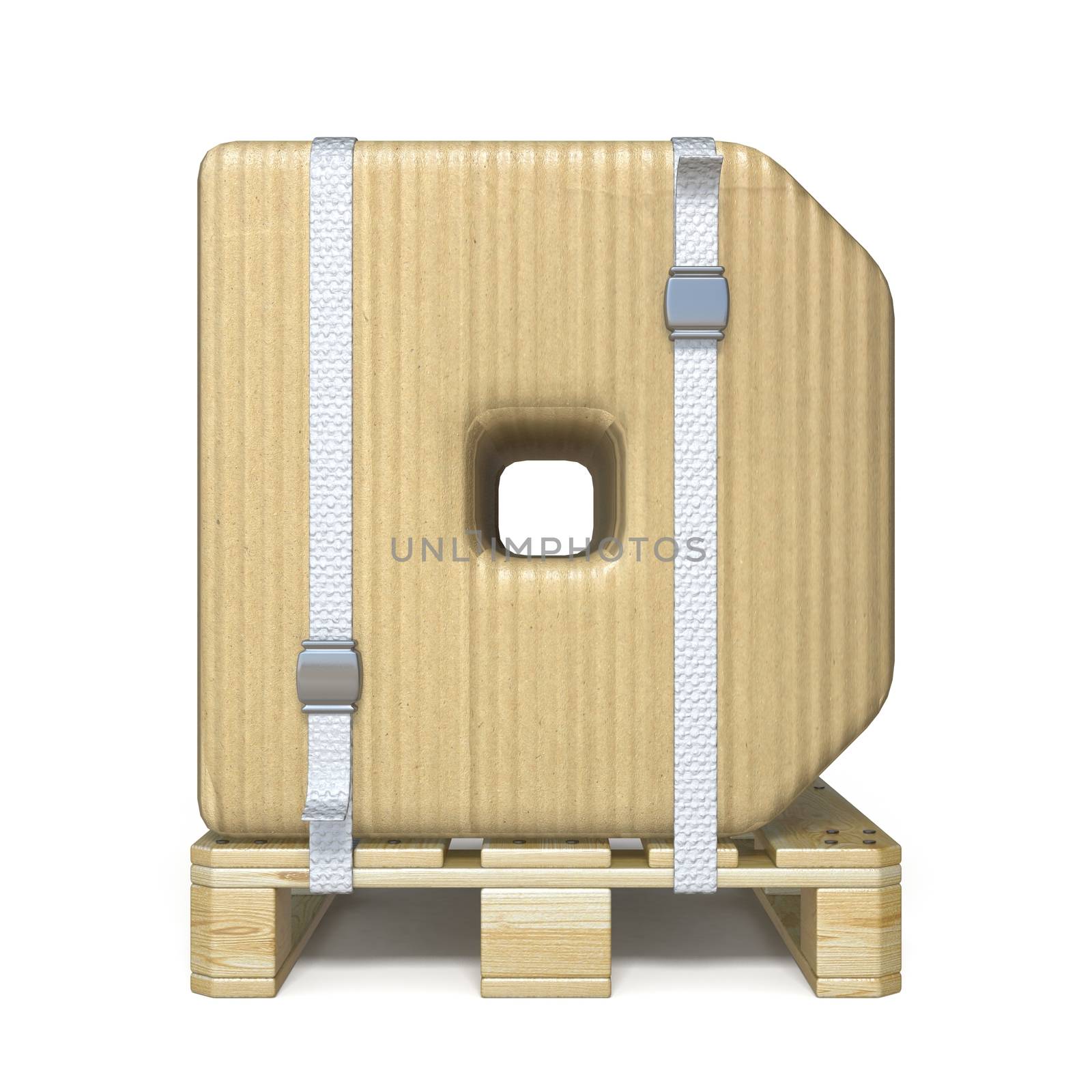 Cardboard box font Letter D on wooden pallet 3D render illustration isolated on white background