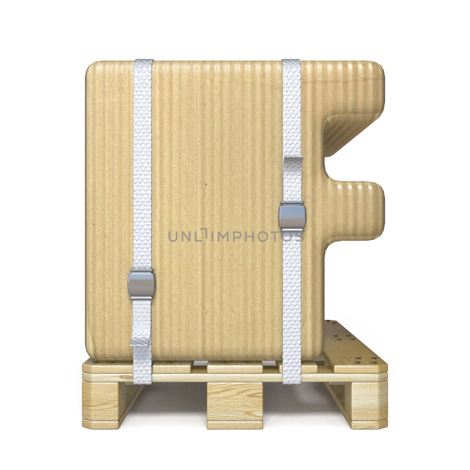 Cardboard box font Letter F on wooden pallet 3D render illustration isolated on white background