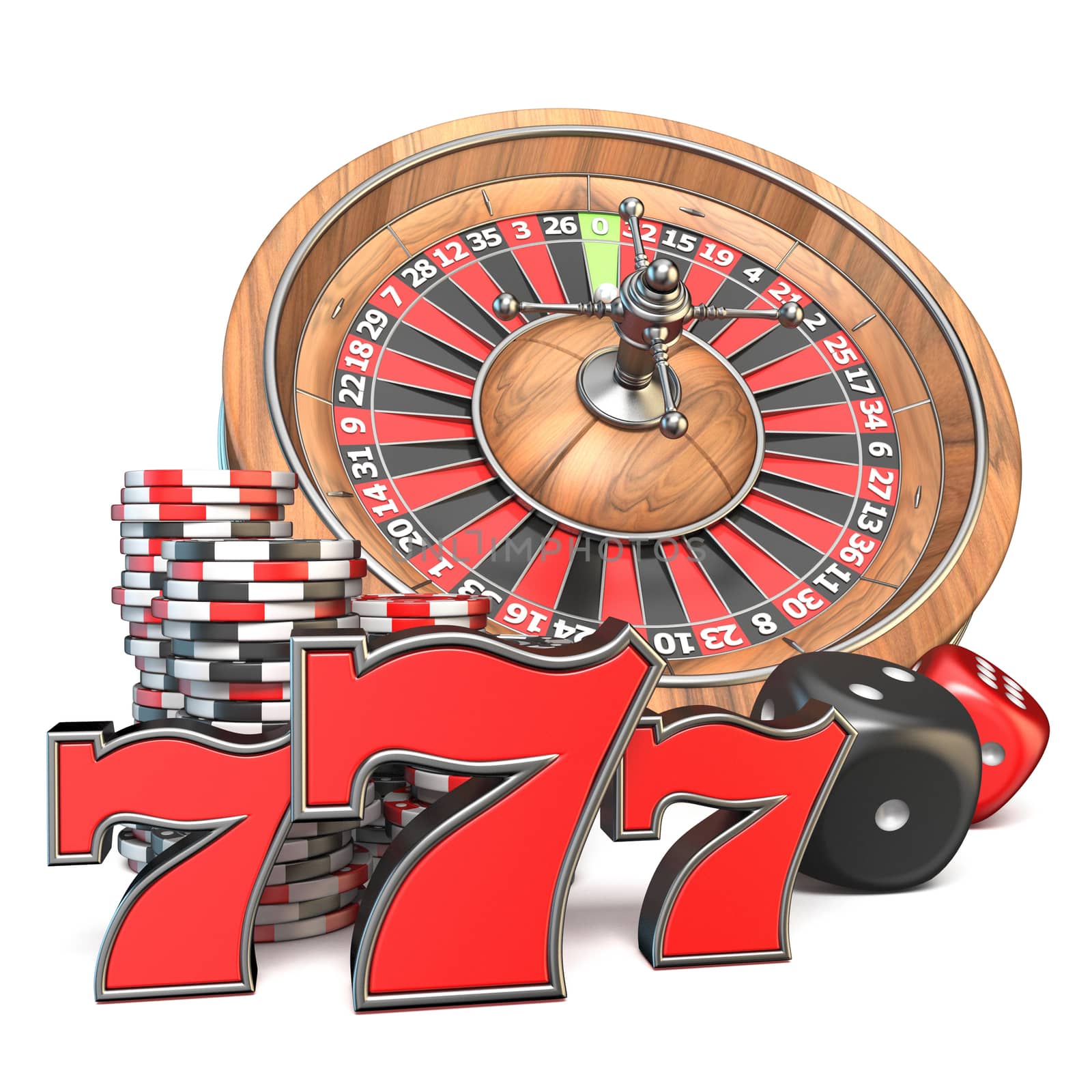 Roulette, dice, 777 and gambling chips 3D render illustration isolated on white background