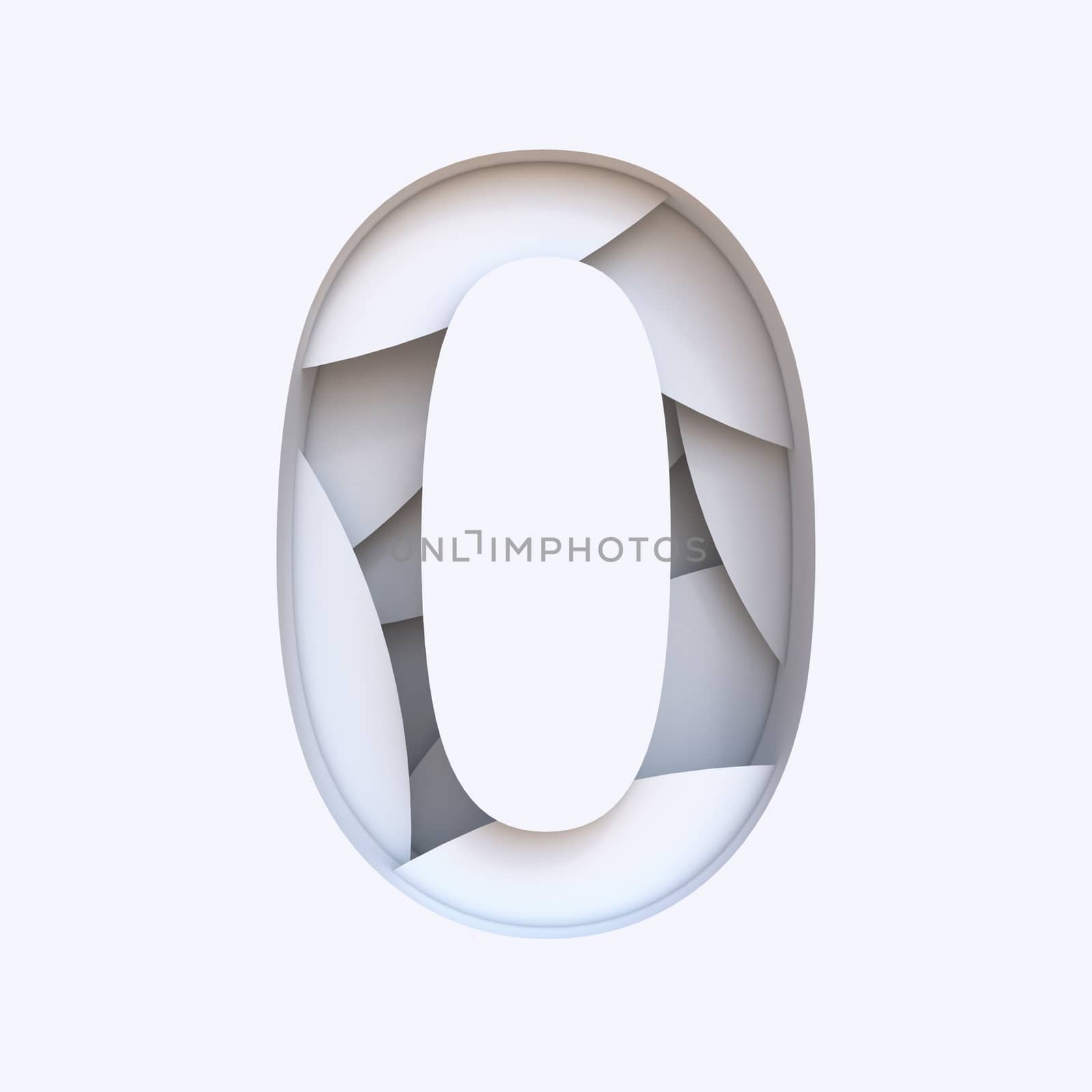 White abstract layers font Number 0 ZERO 3D render illustration isolated on white background