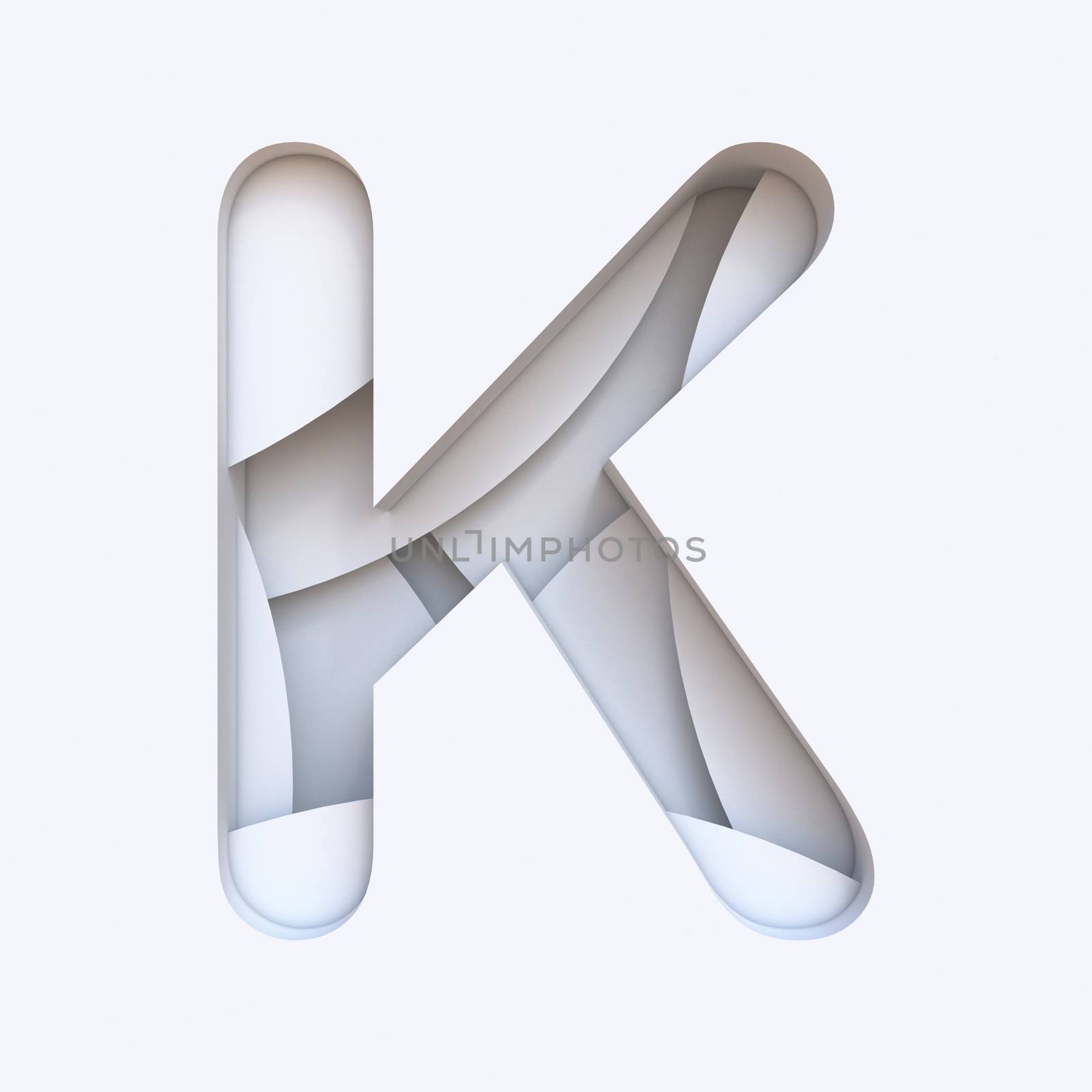 White abstract layers font Letter K 3D render illustration isolated on white background