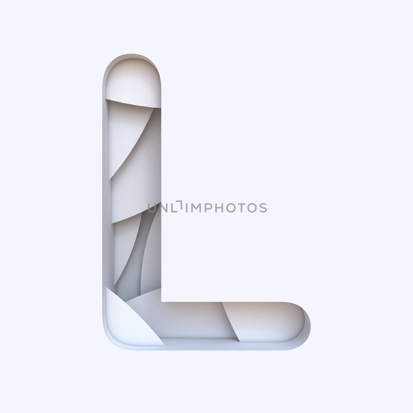 White abstract layers font Letter L 3D render illustration isolated on white background