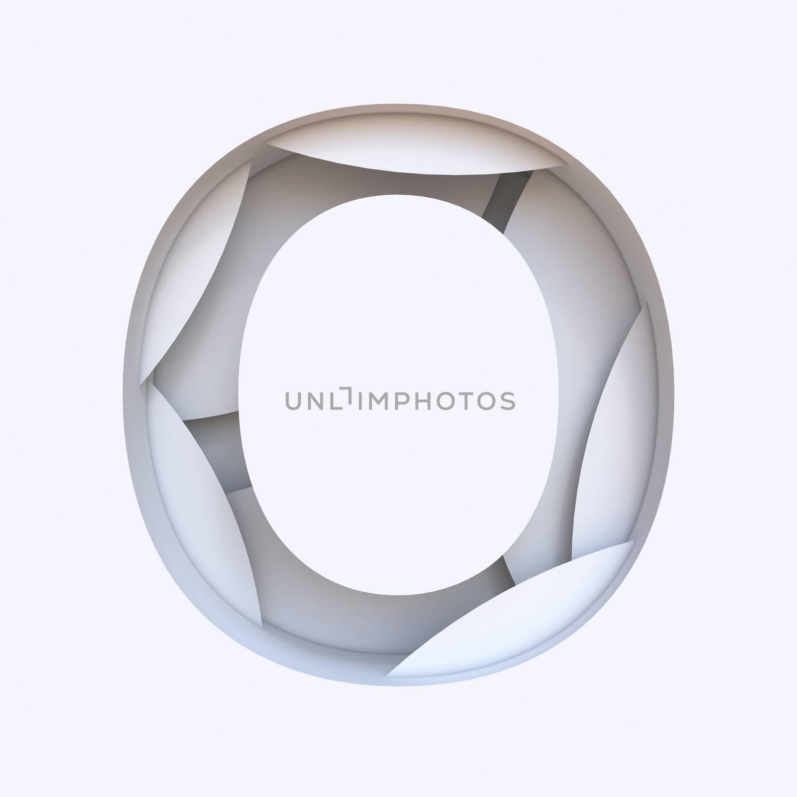 White abstract layers font Letter O 3D render illustration isolated on white background