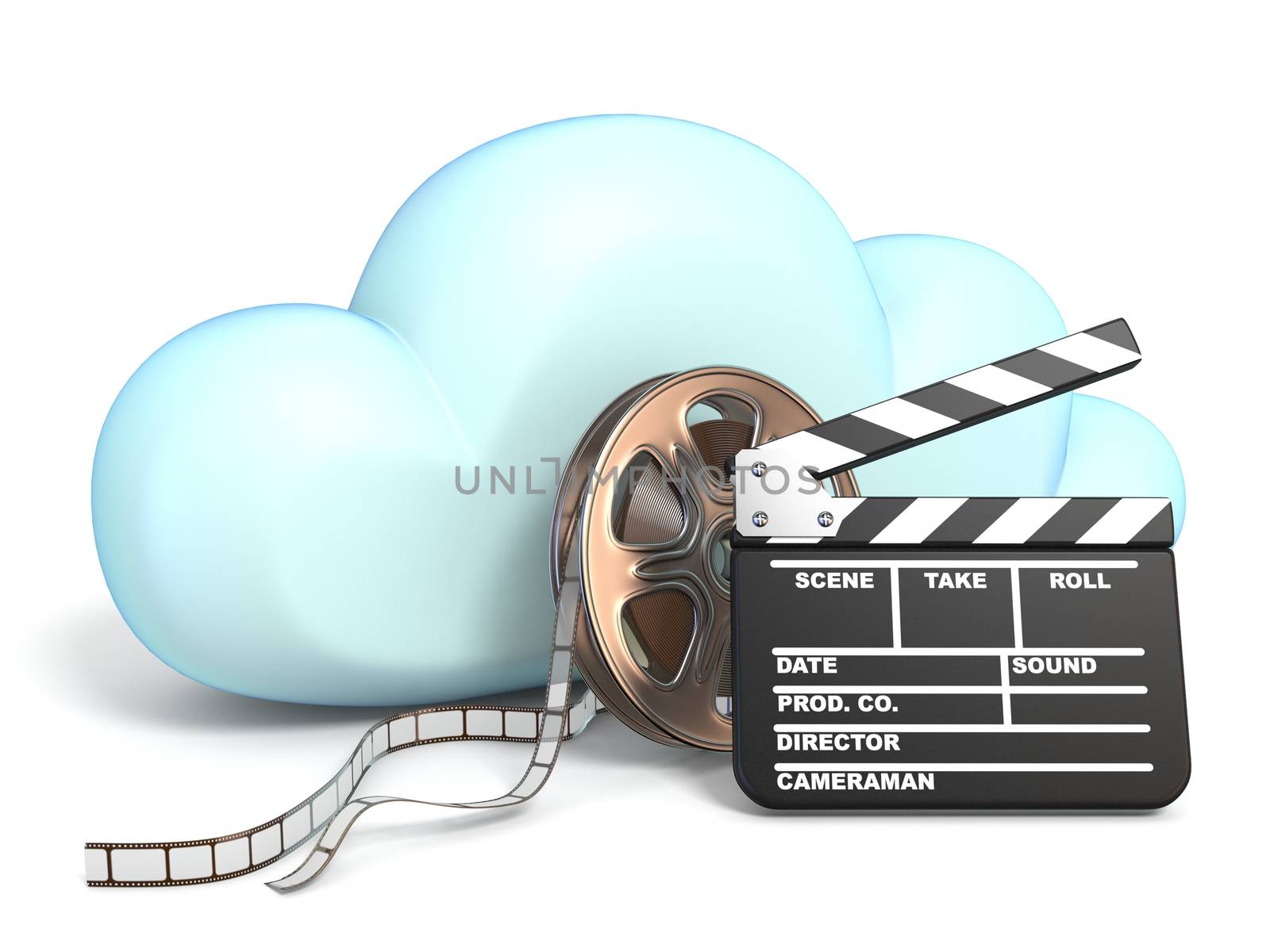 Cloud icon vith movie tape and clapper 3D rendering isolated on white background