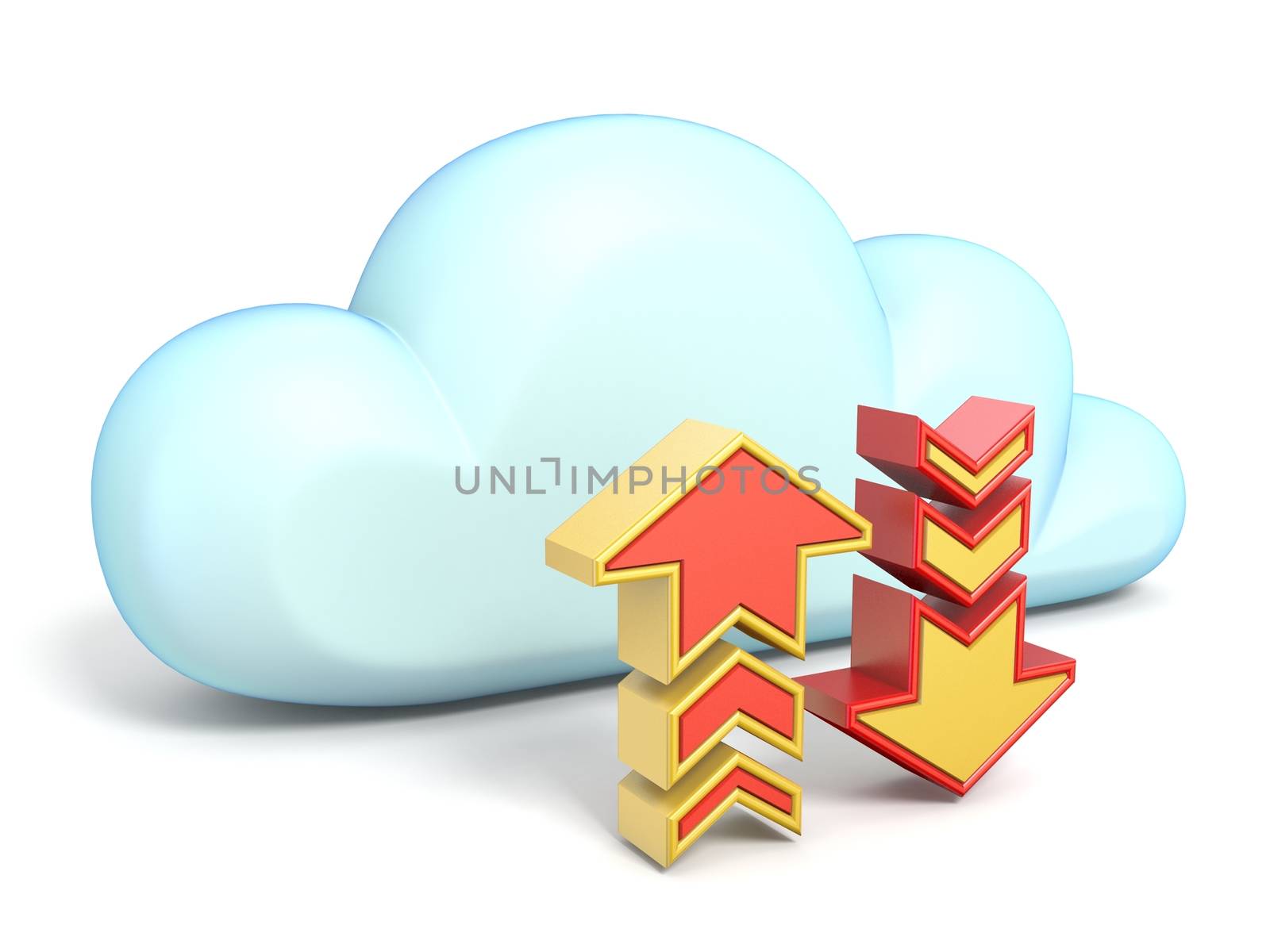 Cloud icon with download and upload arrows 3D rendering isolated on white background