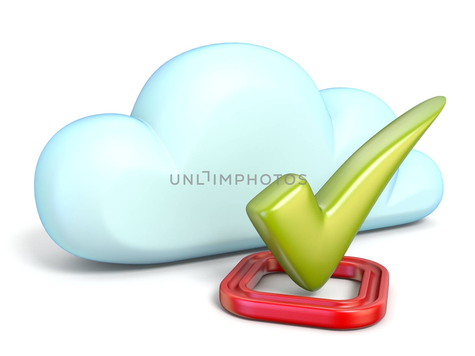 Cloud icon with green check mark 3D rendering isolated on white background