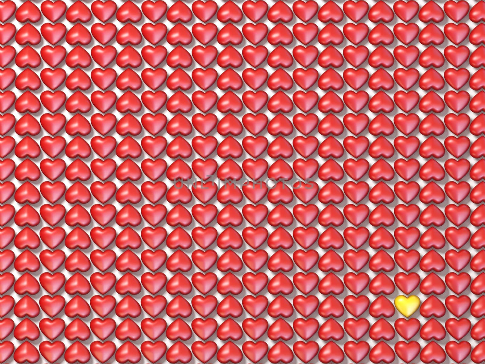 Red hearts field and one yellow heart 3D rendering illustration