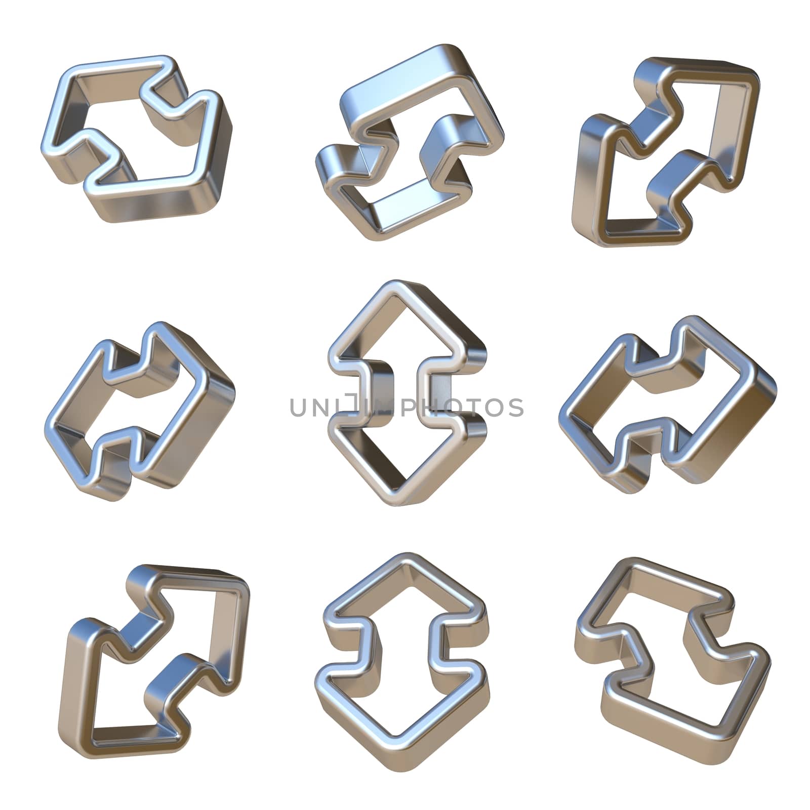 Metal dimensional double arrows 3D rendering illustration isolated on white background