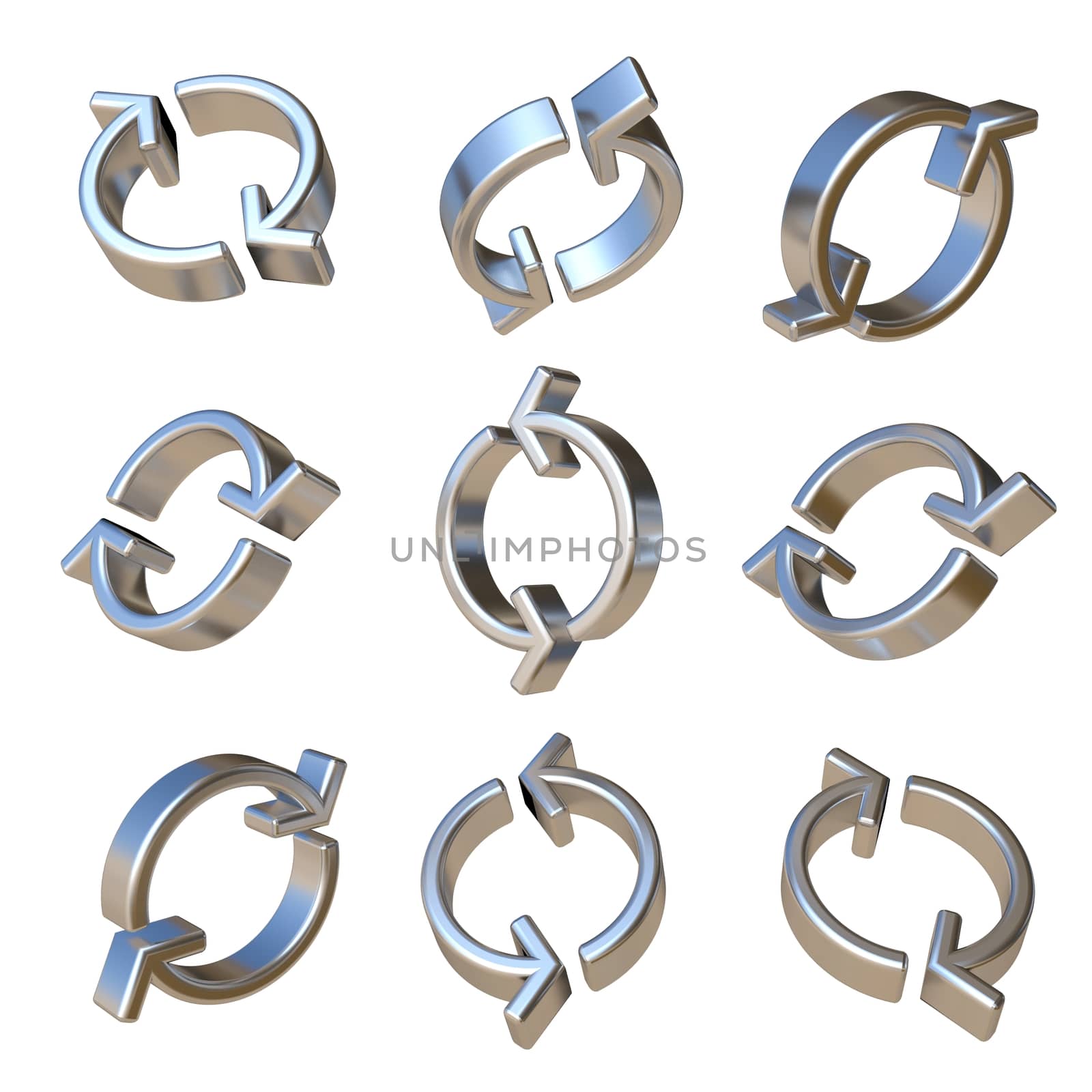 Metal dimensional circular arrows 3D rendering illustration isolated on white background