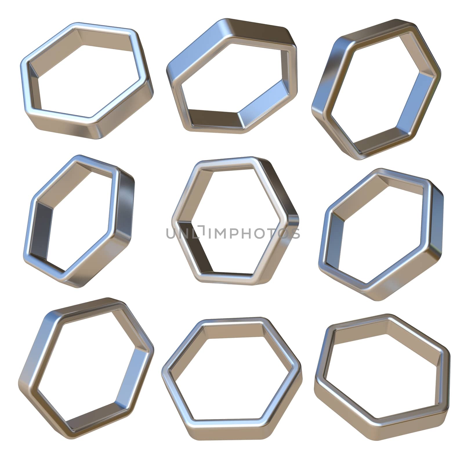 Metal dimensional hexagonal 3D rendering illustration isolated on white background