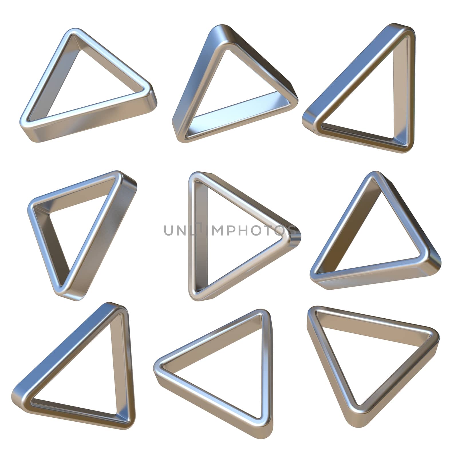 Metal dimensional triangles 3D rendering illustration isolated on white background