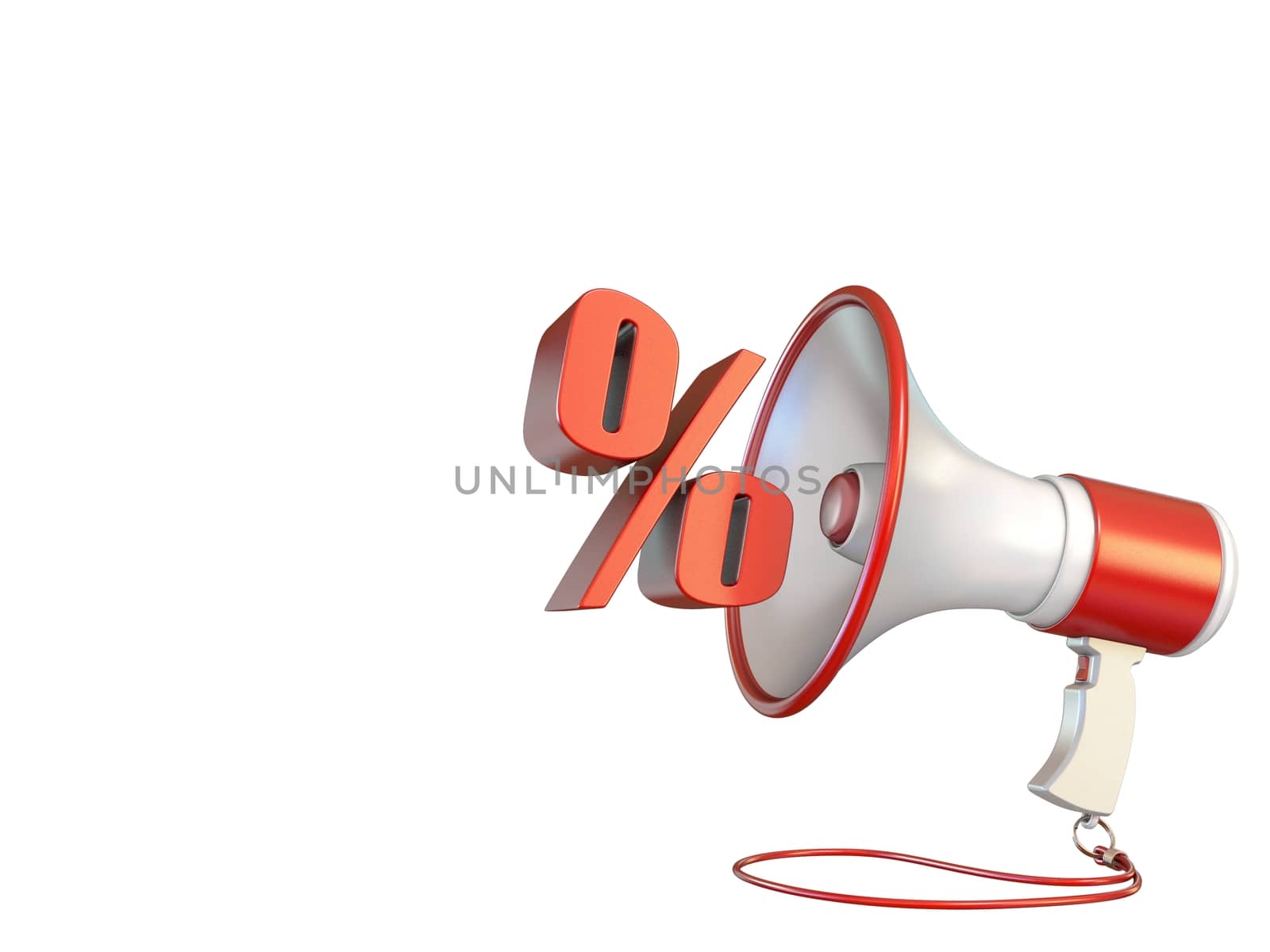 Percent sign and megaphone 3D rendering illustration isolated on white background