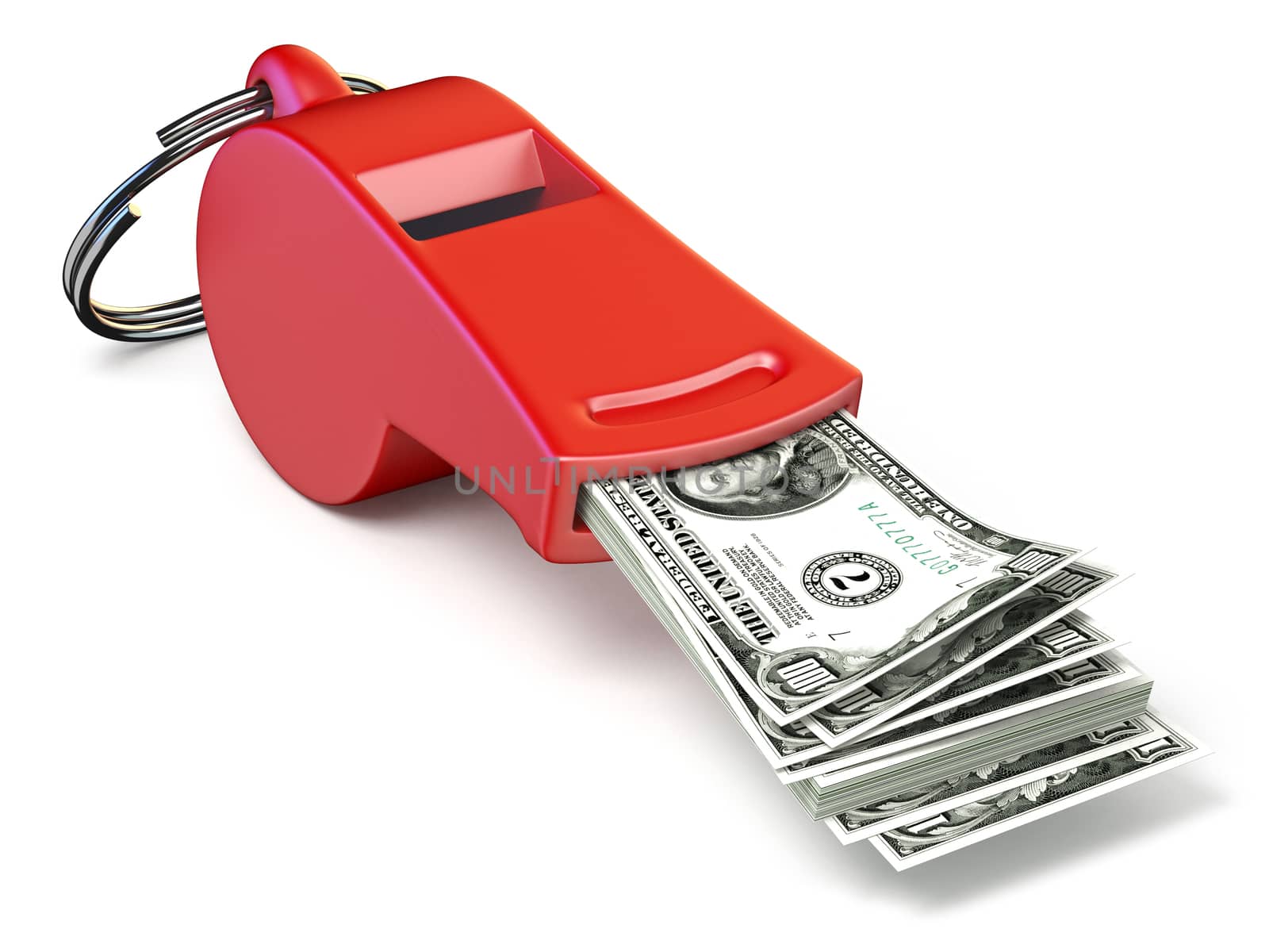 Dollar money in red whistle 3D rendering illustration isolated on white background