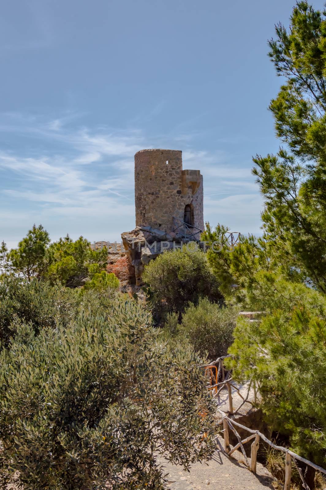 View of an old watchtower on the Mediterranean Sea in Palma de Mallorca, Spain