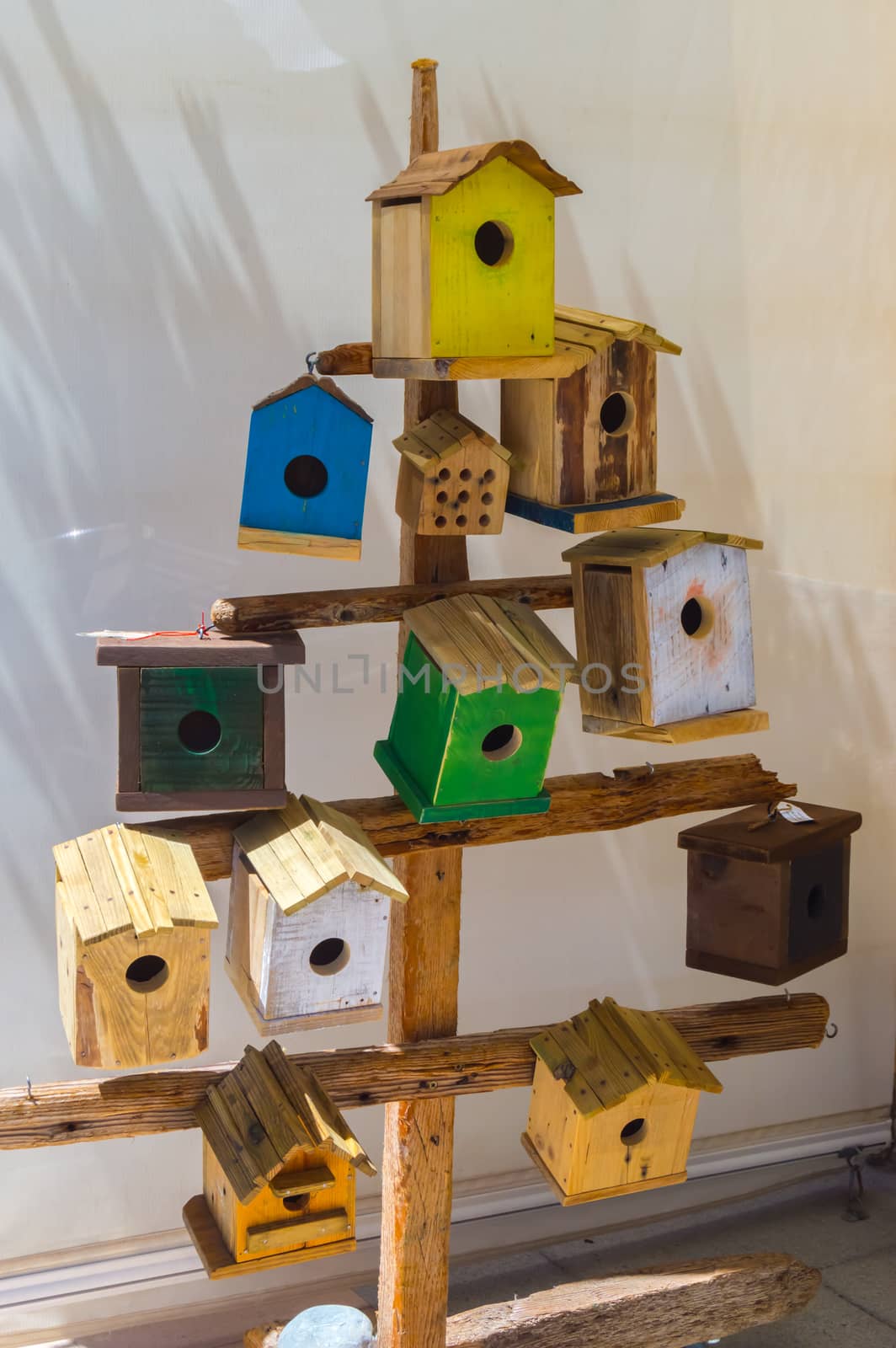 Wooden tree decorated with several birds' nests of all colors