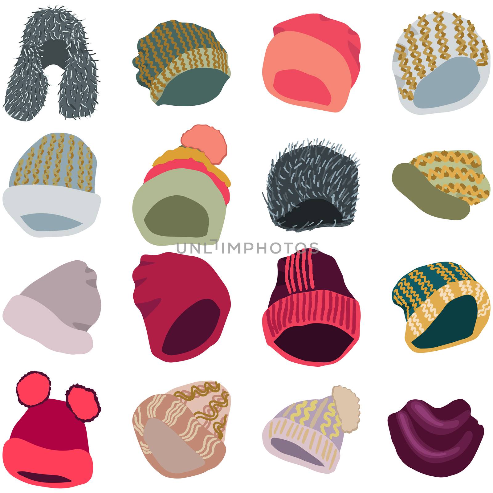 Winter headwear set. Different design on knitted hats and scarf. illustration of knitted hats, beanies isolated on white background. Poster design element.