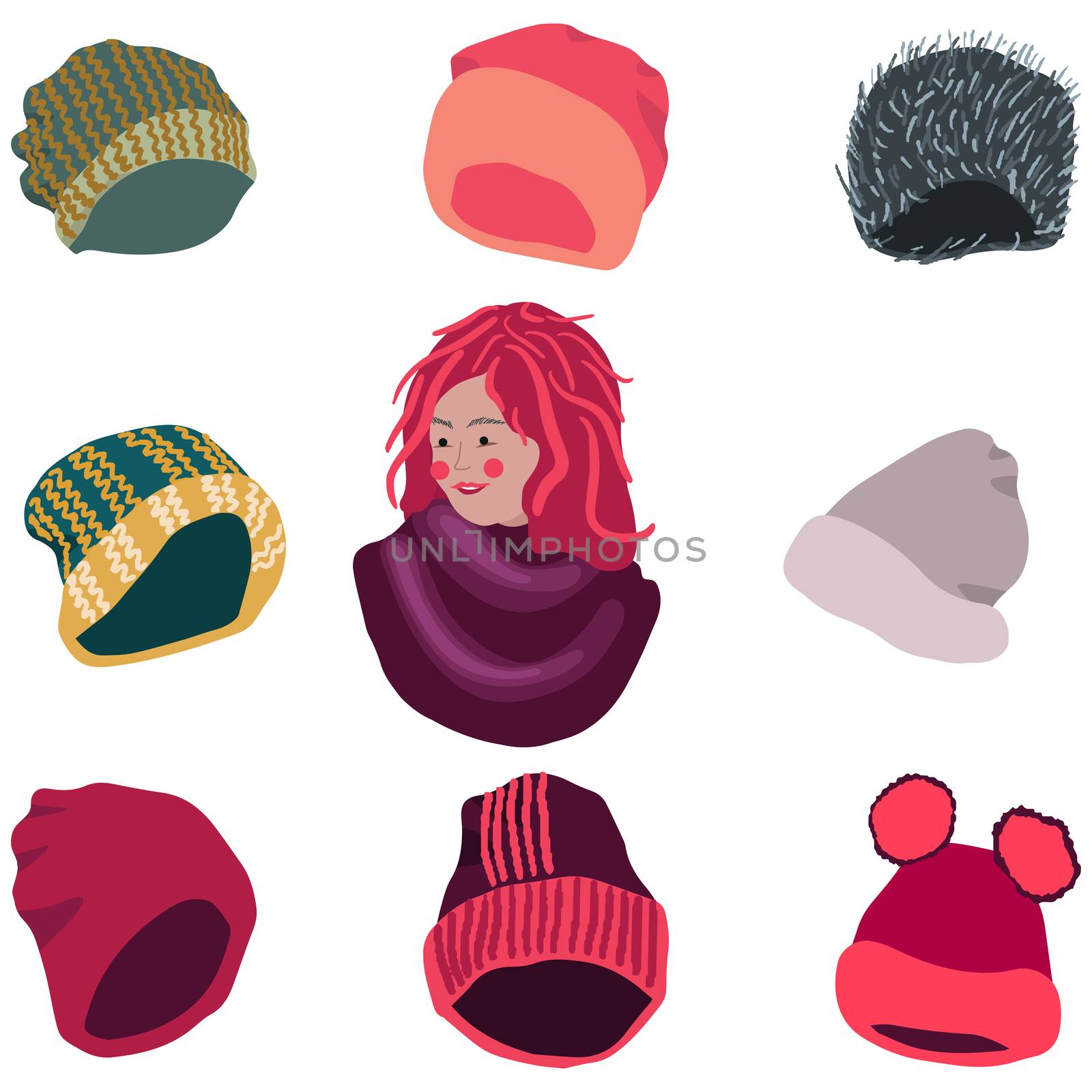 Winter headwear collection. Girl with scarf and selection of hats. illustration of knitted hats, beanies isolated on white background. Poster design element.