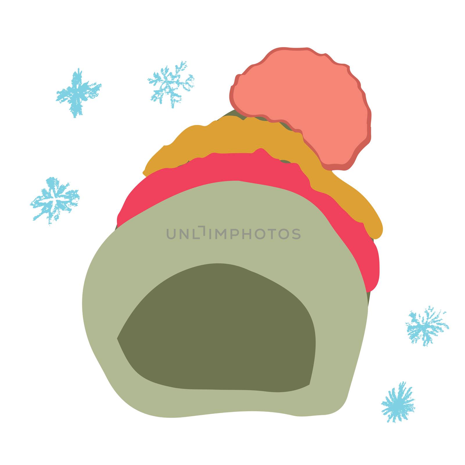 Winter headwear. Colorful beanie with stripes and pompom isolated on white background. Poster design element.