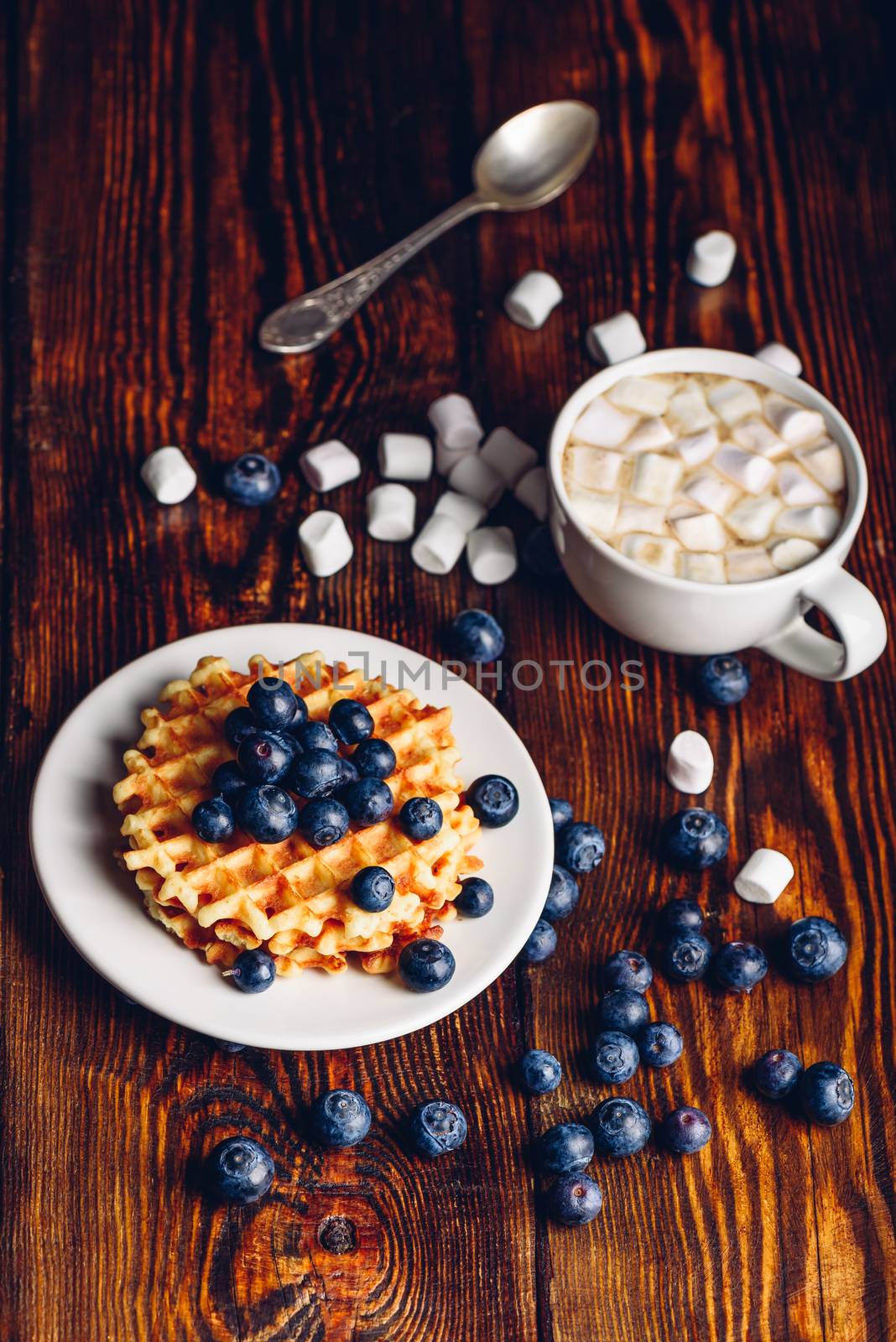 Homemade Waffles on Plate with Fresh Blueberry and Cup of Hot Cocoa with Marshmallow. Vertical orientation.