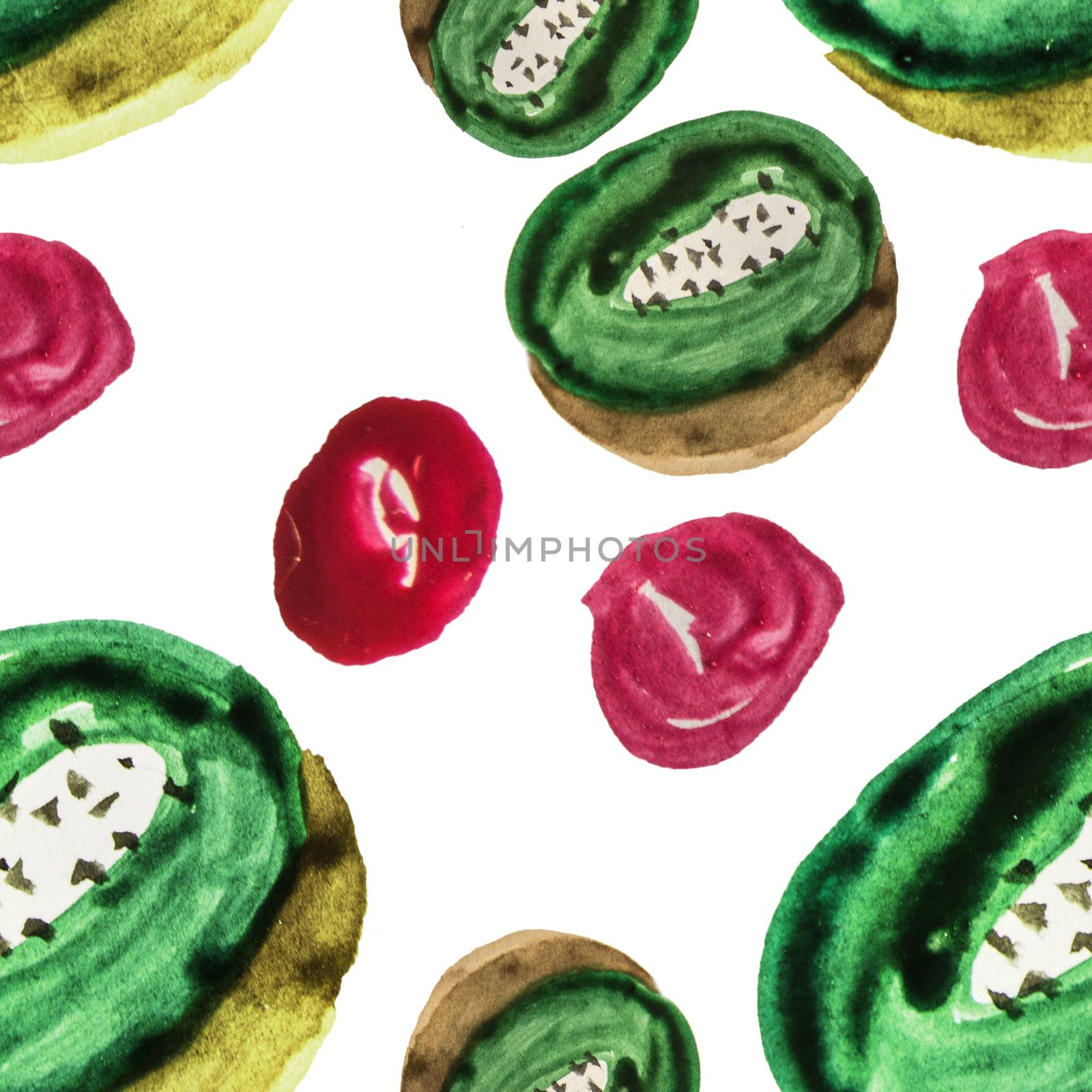 Cute seamless pattern sliced kiwi fruit and red berries watercolor pattern made by hand isolated on white background by claire_lucia