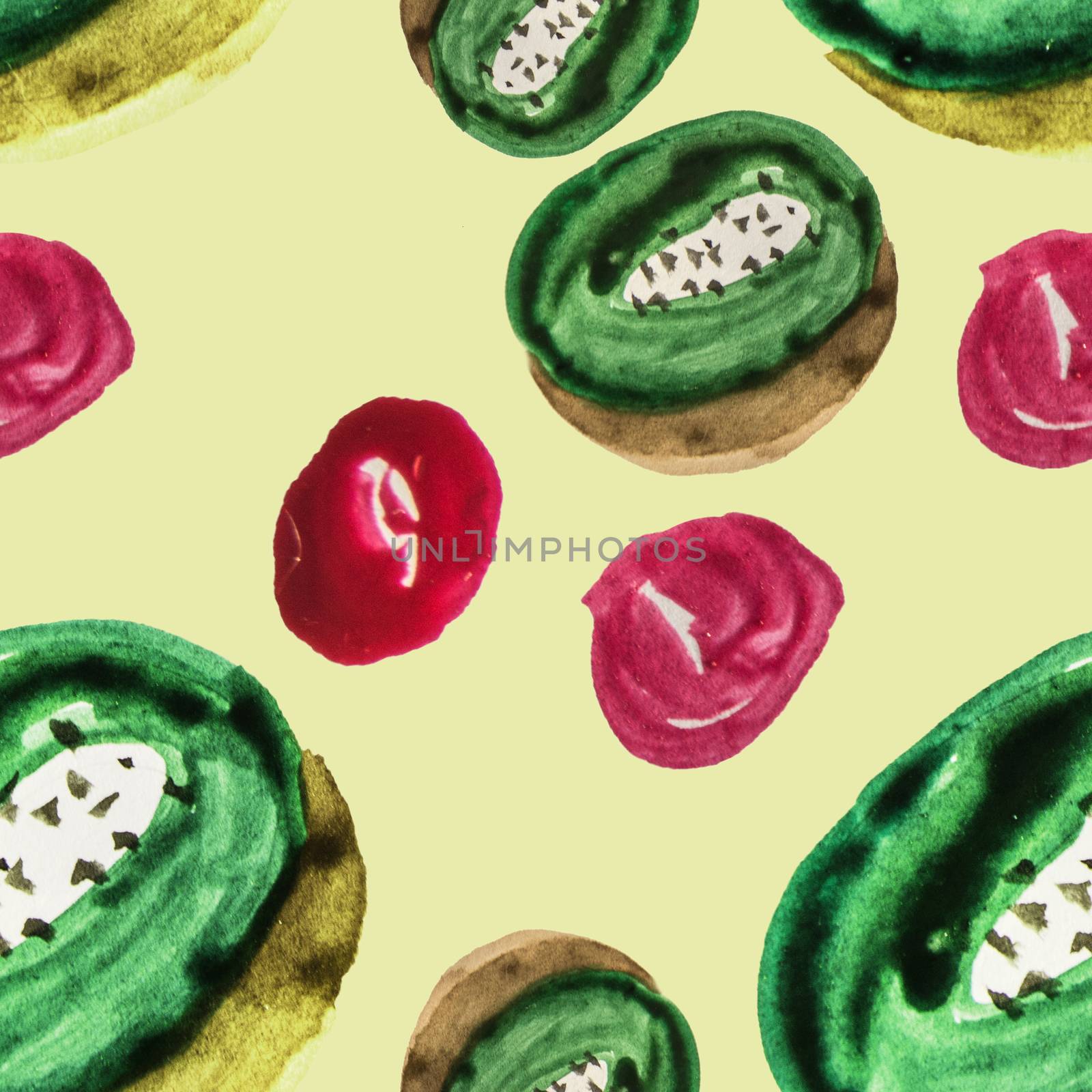 Cute seamless pattern sliced kiwi fruit and red berries watercolor pattern made by hand isolated on pastel yellow background by claire_lucia