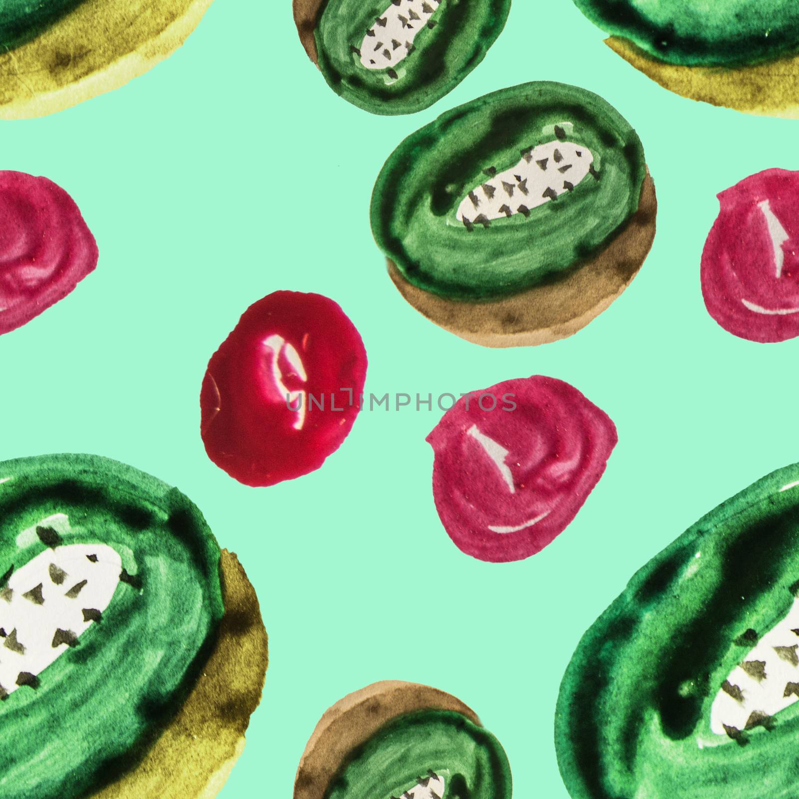 Cute seamless pattern sliced kiwi fruit and red berries watercolor pattern made by hand isolated on mint background by claire_lucia