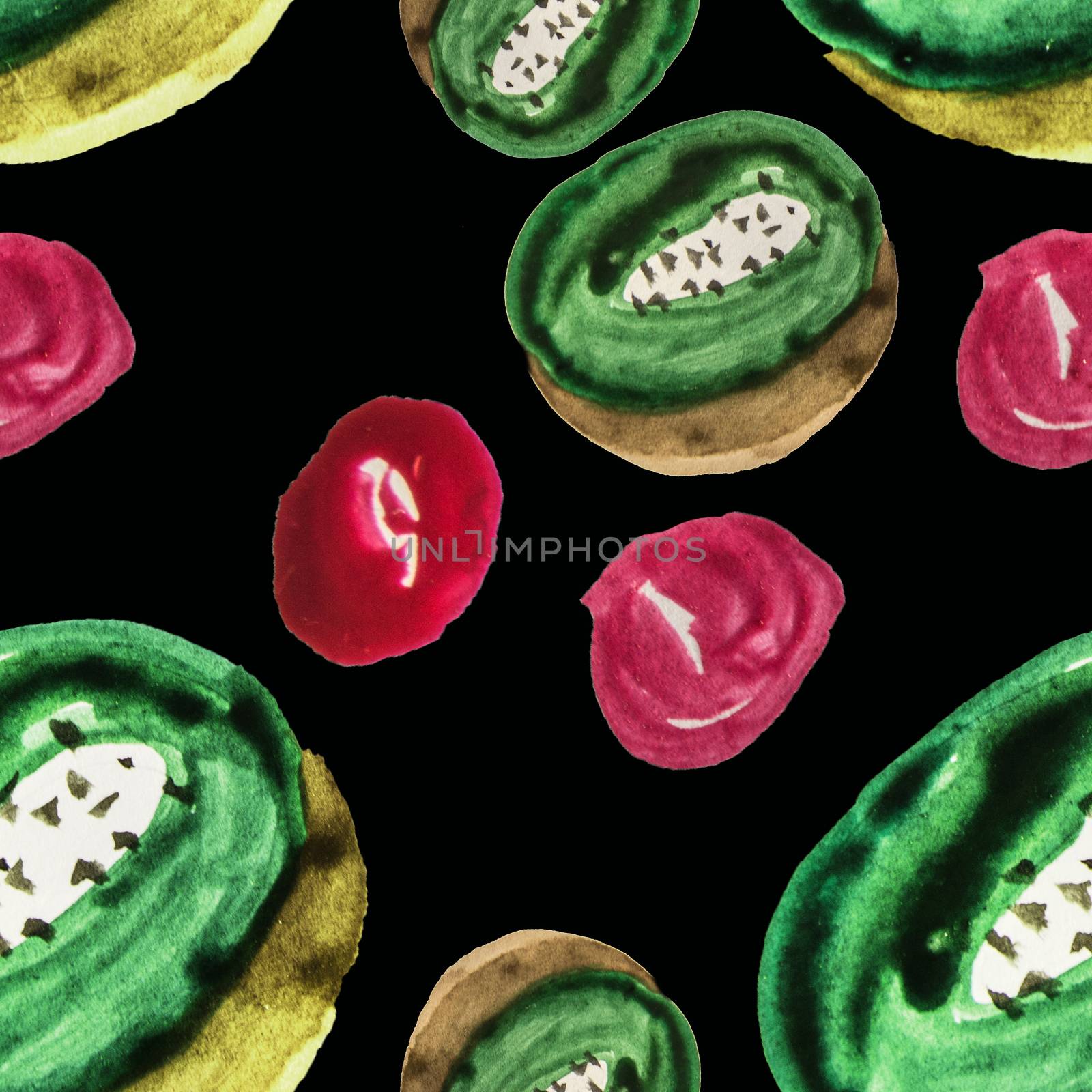 Cute seamless pattern sliced kiwi fruit and red berries watercolor pattern made by hand isolated on black background.